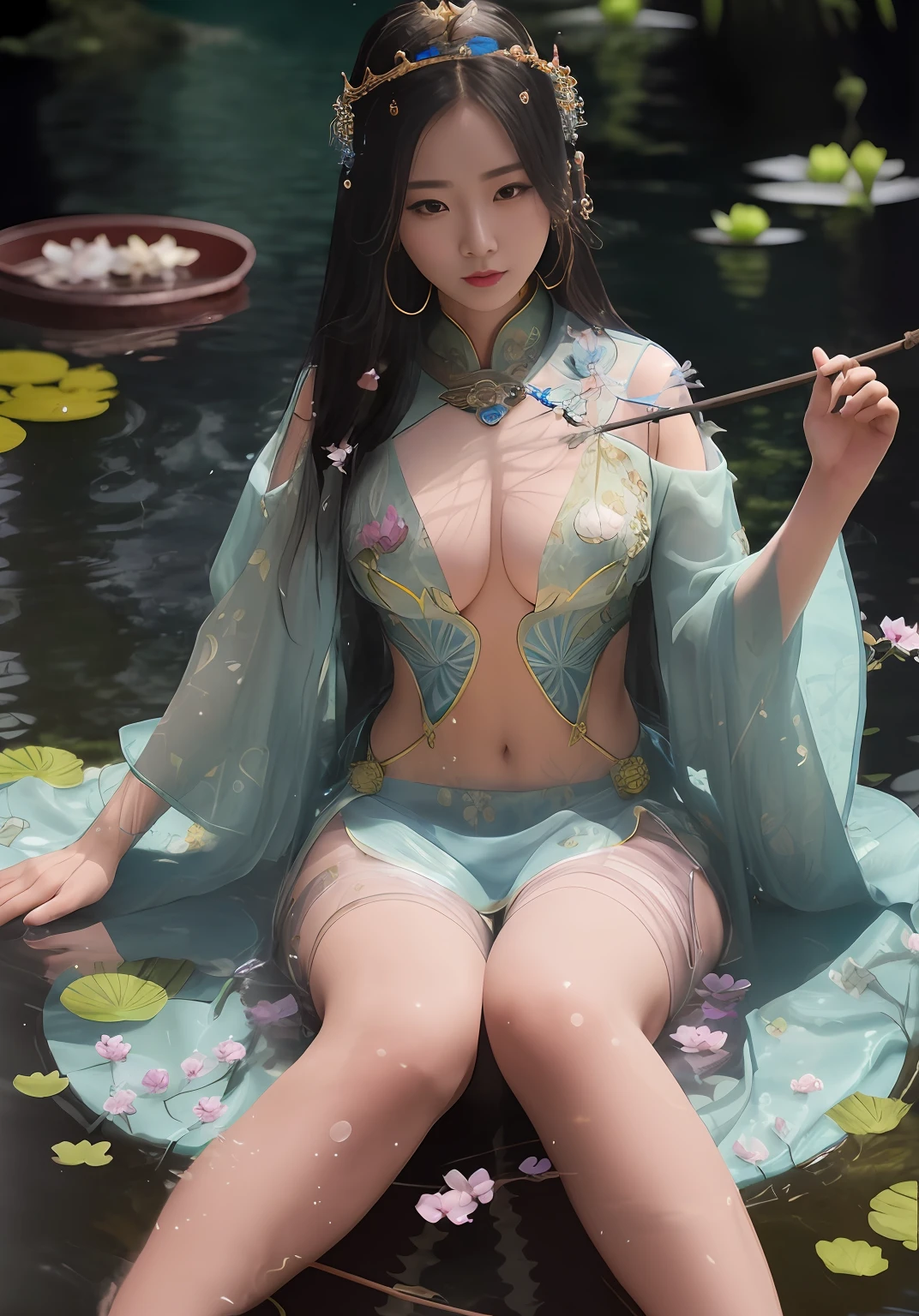 Arafe woman in blue dress sitting in pond with a stick, goddess of Japan, gorgeous chinese model, a beautiful fantasy empress, palatial palace ， a girl in hanfu, beautiful goddess, Oriental Fantasy, Chinese girl, Traditional beauty, ((a beautiful fantasy empress)), full-body xianxia, closeup fantasy with water magic, Sexy Girl, Beautiful Asian Girl