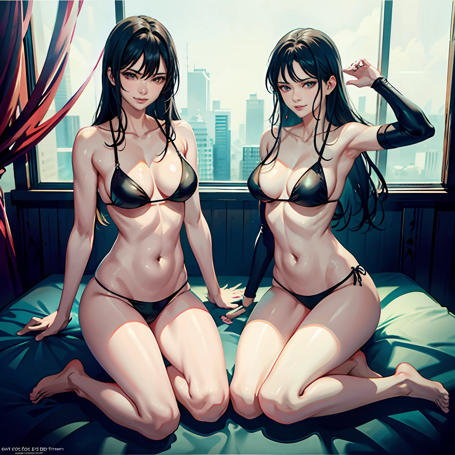 There are two men and women in bikinis posing on the bed, roberto ferri and ruan jia, sexy movie photo, couple on bed, sexy dominant pose, couple, passionate pose, elegant seducing pose, various seducing poses, Korean, Wonderful, sakimichan and frank franzzeta, jordan grimmer and natasha tan, hot with shining sun, slideshow,Literary films,film art,电影灯光,cinematic compositions