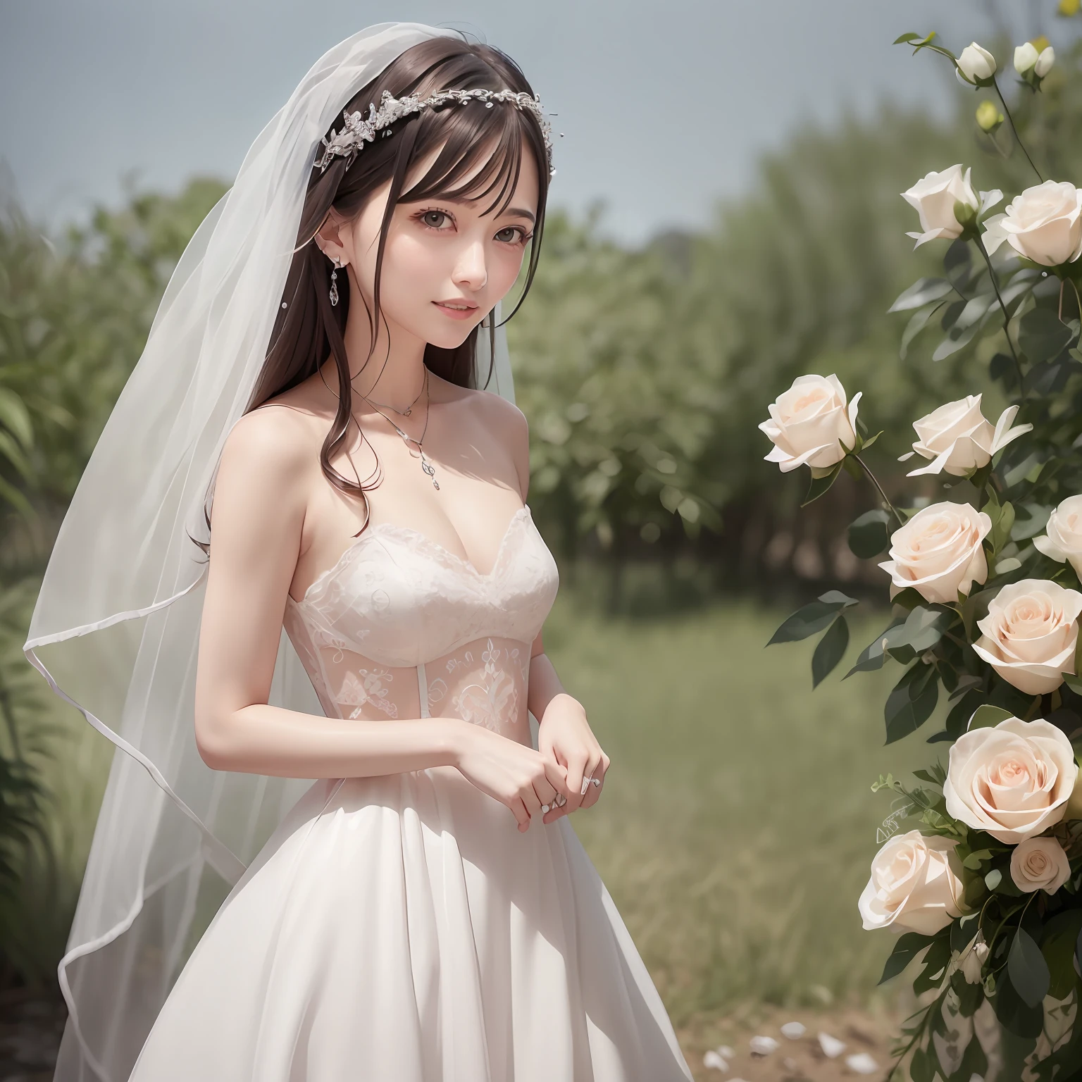 Real white wedding photos，The face is real，Character-oriented，White rose bouquet in hand，With a veil and a crown，There are white pearl earrings，cropped shoulders，With a small sapphire necklace