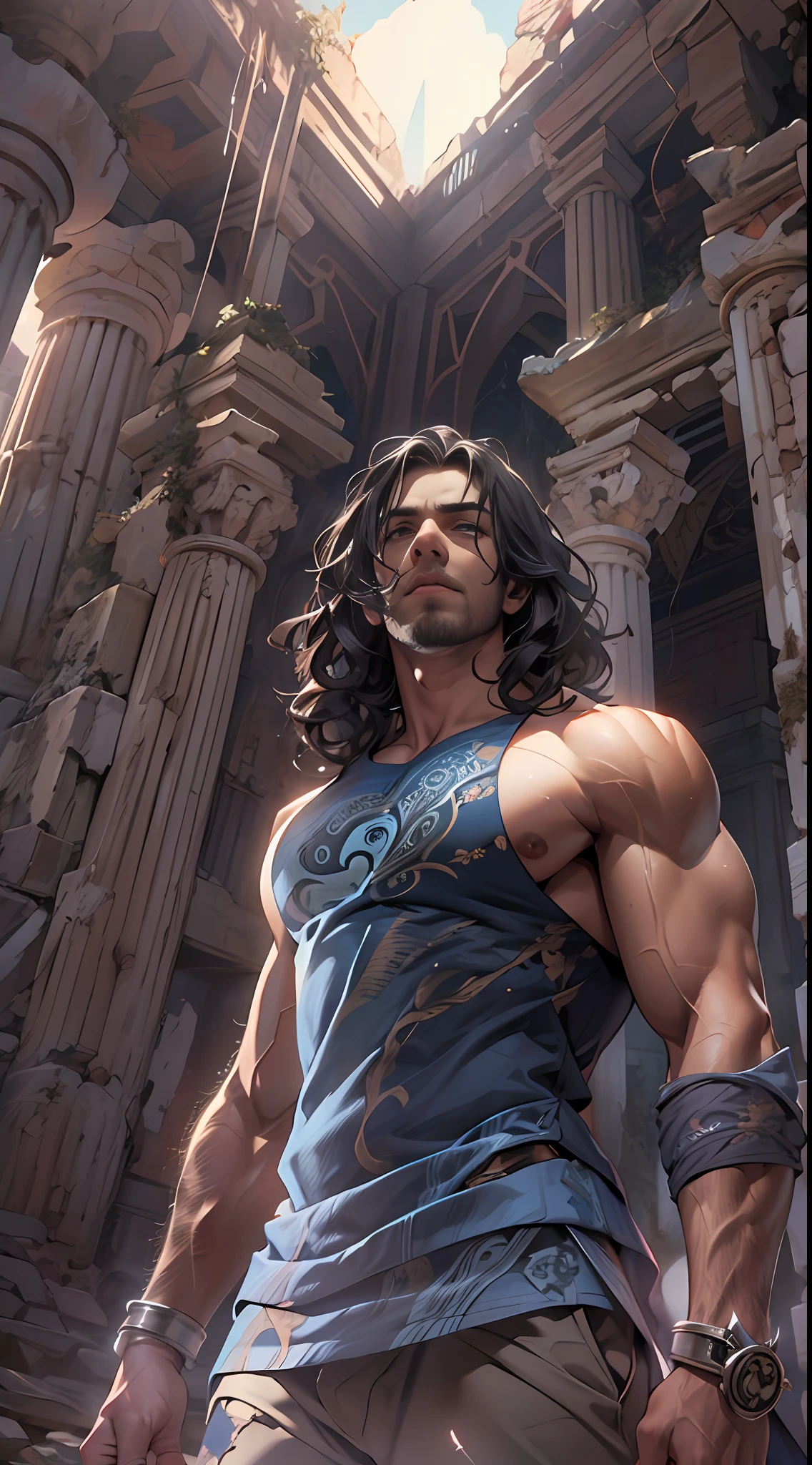 Ripped hero, shirtless upper body, legs revealed from thighs to feet, cascading long curls, intricate muscular details, photorealistic artwork, 4K resolution. Background: Mystic ancient ruins with glowing symbols,32k uhd, best quality, masterpiece, super detail, high details