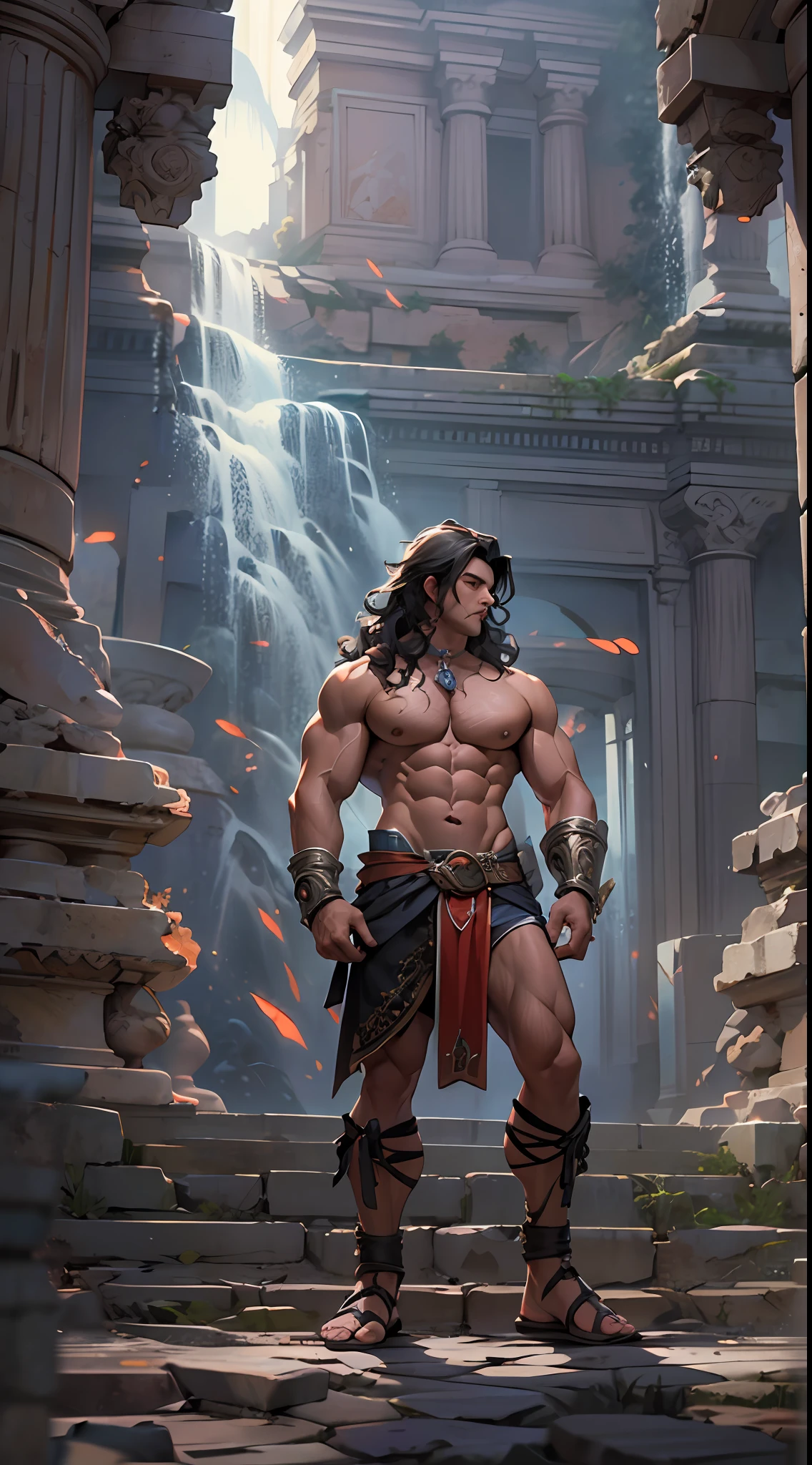 Ripped hero, shirtless upper body, legs revealed from thighs to feet, cascading long curls, intricate muscular details, photorealistic artwork, 4K resolution. Background: Mystic ancient ruins with glowing symbols,32k uhd, best quality, masterpiece, super detail, high details
