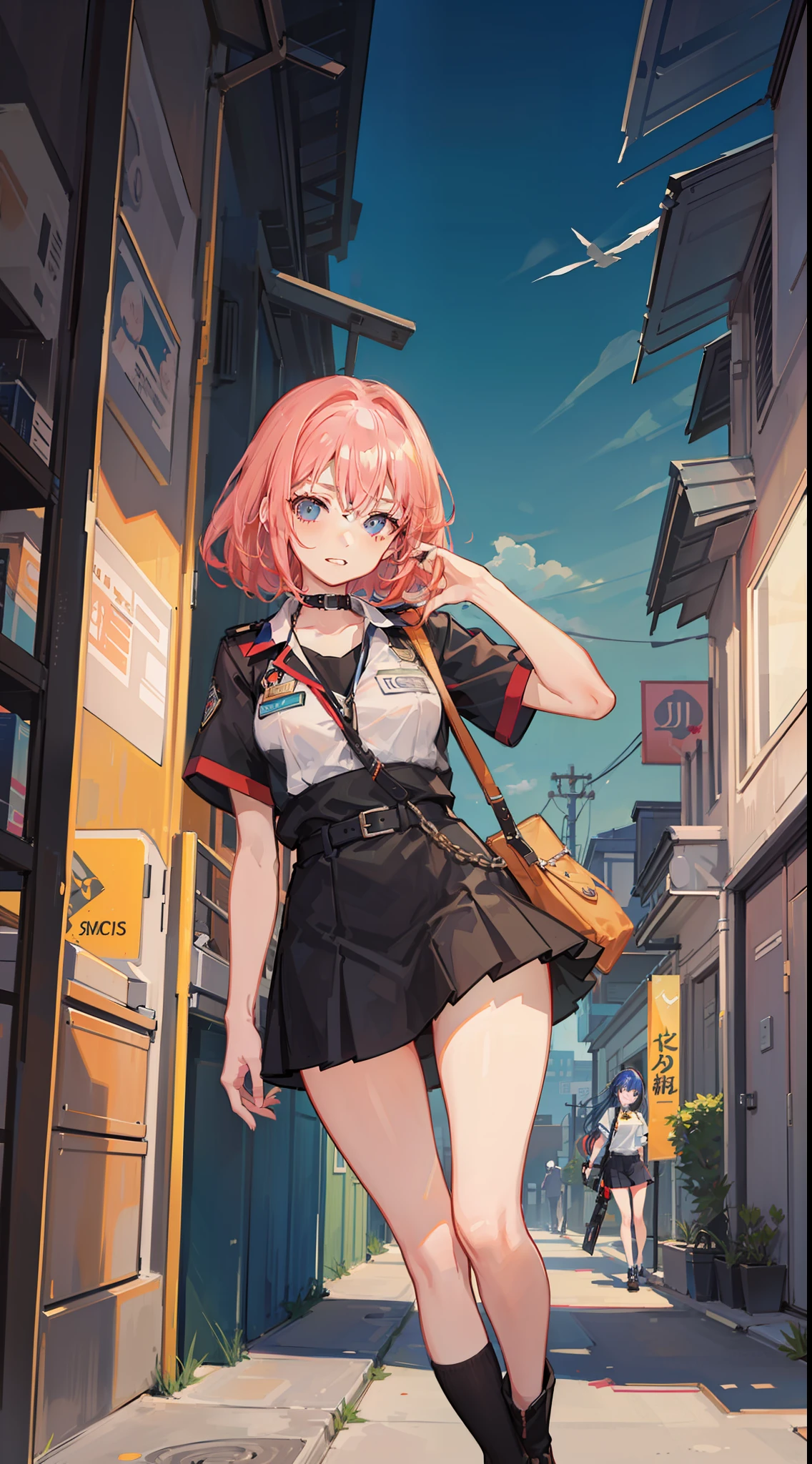 Masterpiece、hightquality、Security officer、Western drama、1girl in、a miniskirt、holster、Cute anime illustration、