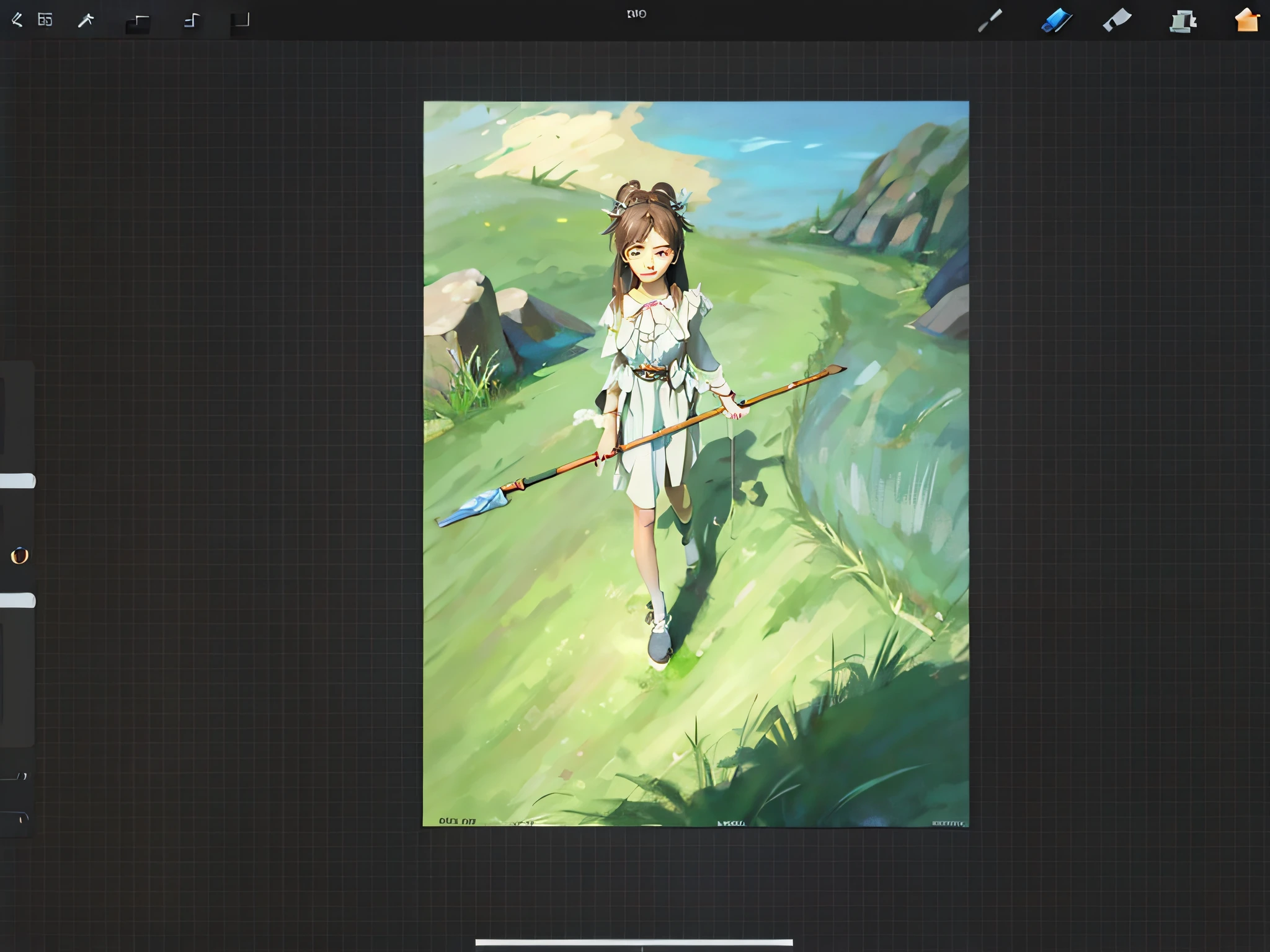 Close-up of a painting of a woman holding a stick, procreate, drawn in anime painter studio, painted with a thick brush, digitally draw on wacom tablet, procreate illustration, procreate 2 0 2 2, she is holding a long staff, painted in high resolution, chalk, speedpaint, Deviant art HD screenshot, Anime painter studio, made with anime painter studio
