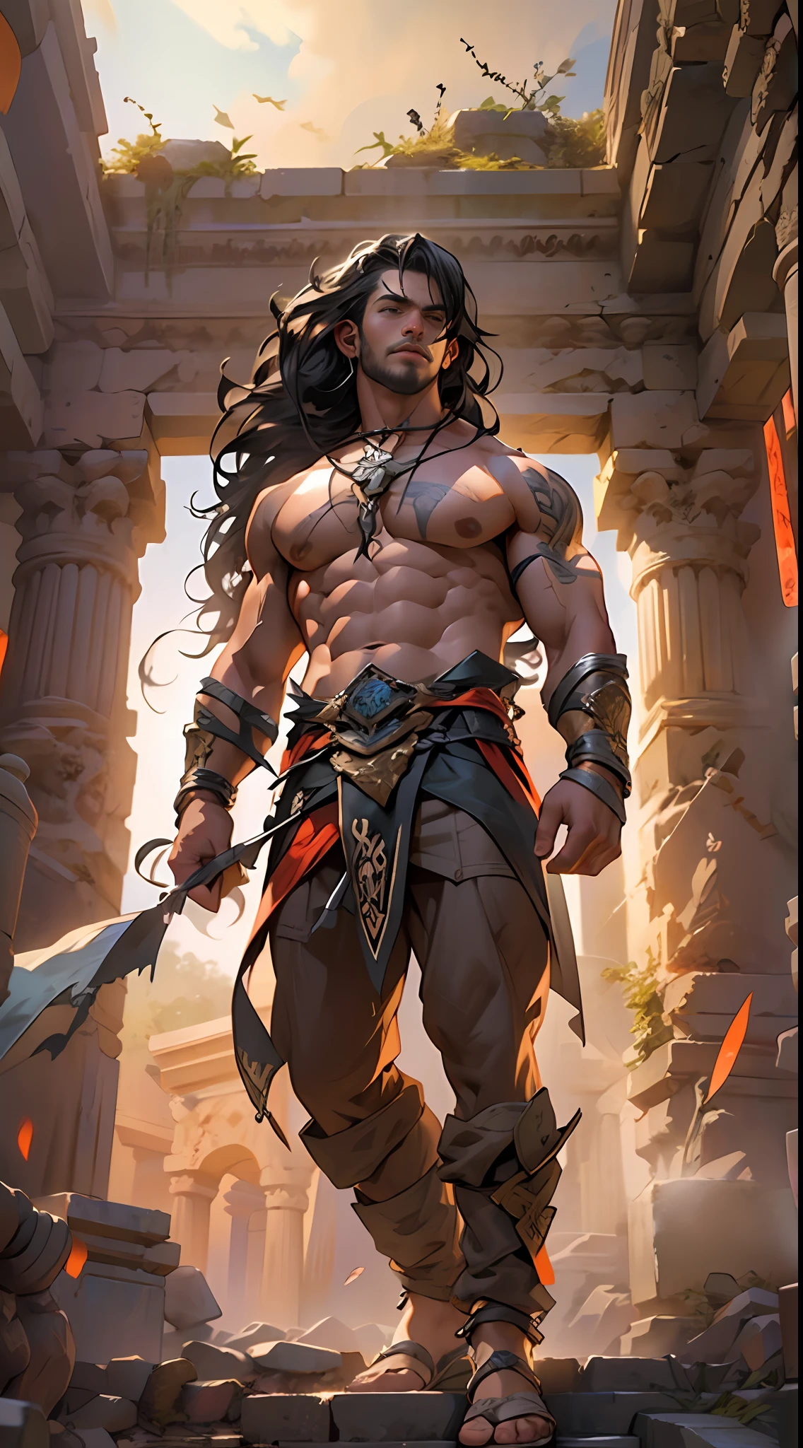 Ripped hero, shirtless upper body, legs revealed from thighs to feet, cascading long curls, intricate muscular details, photorealistic artwork, 4K resolution. Background: Mystic ancient ruins with glowing symbols,32k uhd, best quality, masterpiece, super detail, high details