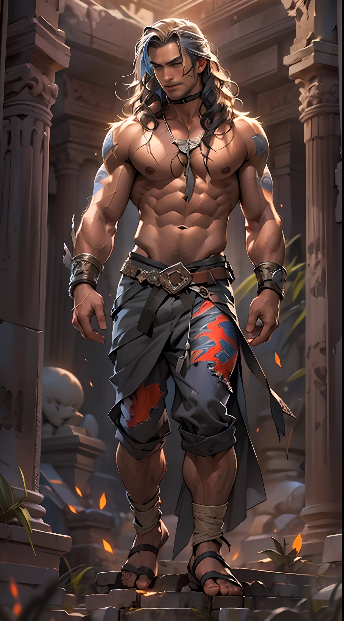 Ripped hero, shirtless upper body, legs revealed from thighs to feet, cascading long curls, intricate muscular details, photorealistic artwork, 4K resolution. Background: Mystic ancient ruins with glowing symbols,32k uhd, best quality, masterpiece, super detail, high details