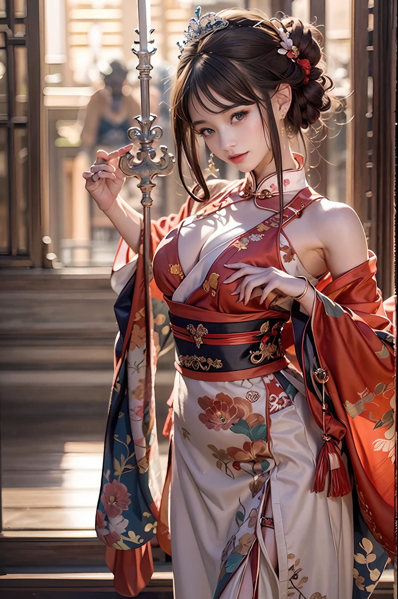 UHD, Masterpiece, High Quality, High Detail, Top Quality, Hi-Res, HD, 16k, 8k, 4K, Award-Winning BREAk, Surrealism, Realism, Depth of Field, Cinematic Lighting, Backlight, Symmetry, Bokeh, f/1.8, Eye Level Shot, 35mm, Hasselblad, Very Delicate and Beautiful, Very Detailed, Amazing, Fine Detail, Masterpiece, Best Quality, Official Art, Absurd, Incredibly ridiculous, Huge file size, Ultra detailed, High Definition, Very detailed, Beautiful detailed girl, (Cowboy Shot: 1.25), Break, Hair behind the ears, Happy tears, Flowing tears, (Serious smile: 1.35), Very detailed eyes and face, Beautiful detailed eyes, Face light, 18 years old, (Red luxury cheongsam: 1.3), (Fantasy themed clothes: 1.3), Detailed clothes, (black long straight hairstyle: 1.2), detailed hair, (slender: 1.15), (huge breasts: 1.25), perfect anatomy, perfect proportions, (Ancient Chinese room background: 1.25), detailed background, (looking at the viewer, facing the viewer: 1.15), (seductive model pose, spreading the legs, leaning forward, hands between the legs, from below, low angle: 1.25), ancient Chinese chamber light, holding a sword, holding a Japan sword, samurai, samurai,