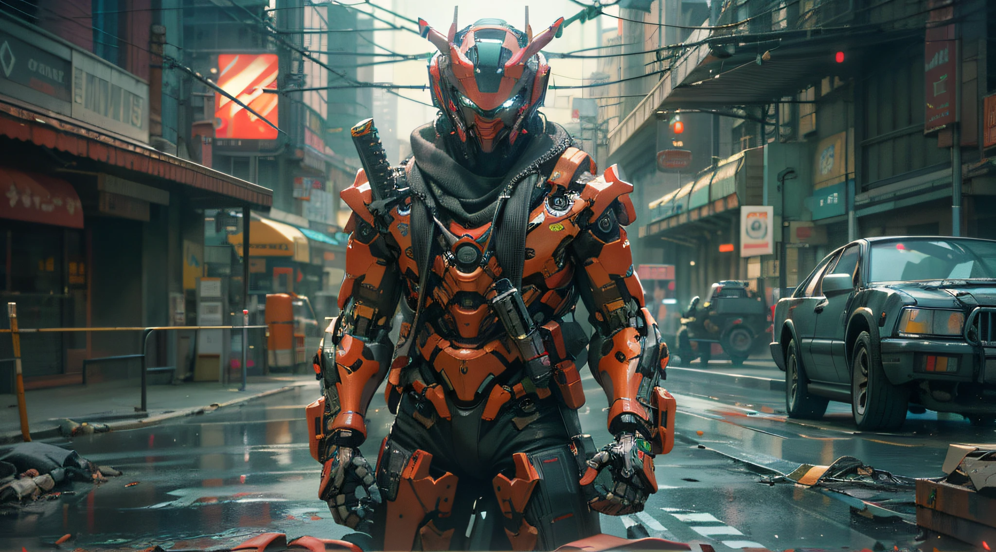 Arafeld robot on city street，A car in the background, master chief in cyberpunk city, Cyberpunk Samurai, 8k octane 3d render, 8 k octane detailed render, very beautiful cyberpunk samurai, cyberpunk art ultrarealistic 8k, fantasy style 8 k octane render, octane 8k render, octane 8 k render, cyberpunk flame suit, Badass anime 8 K