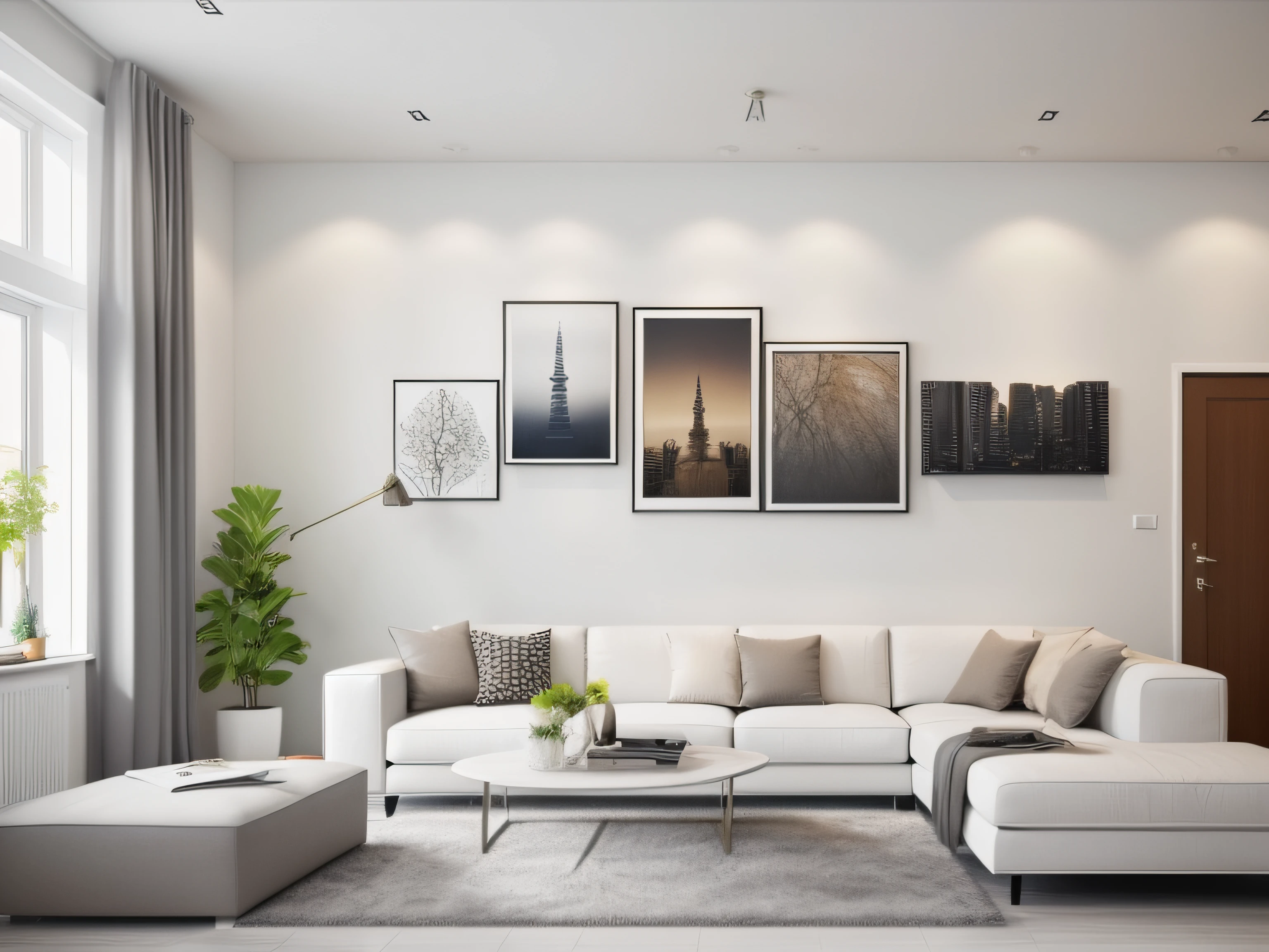 Beautiful modern designer house living room, blank Wall art, close shot