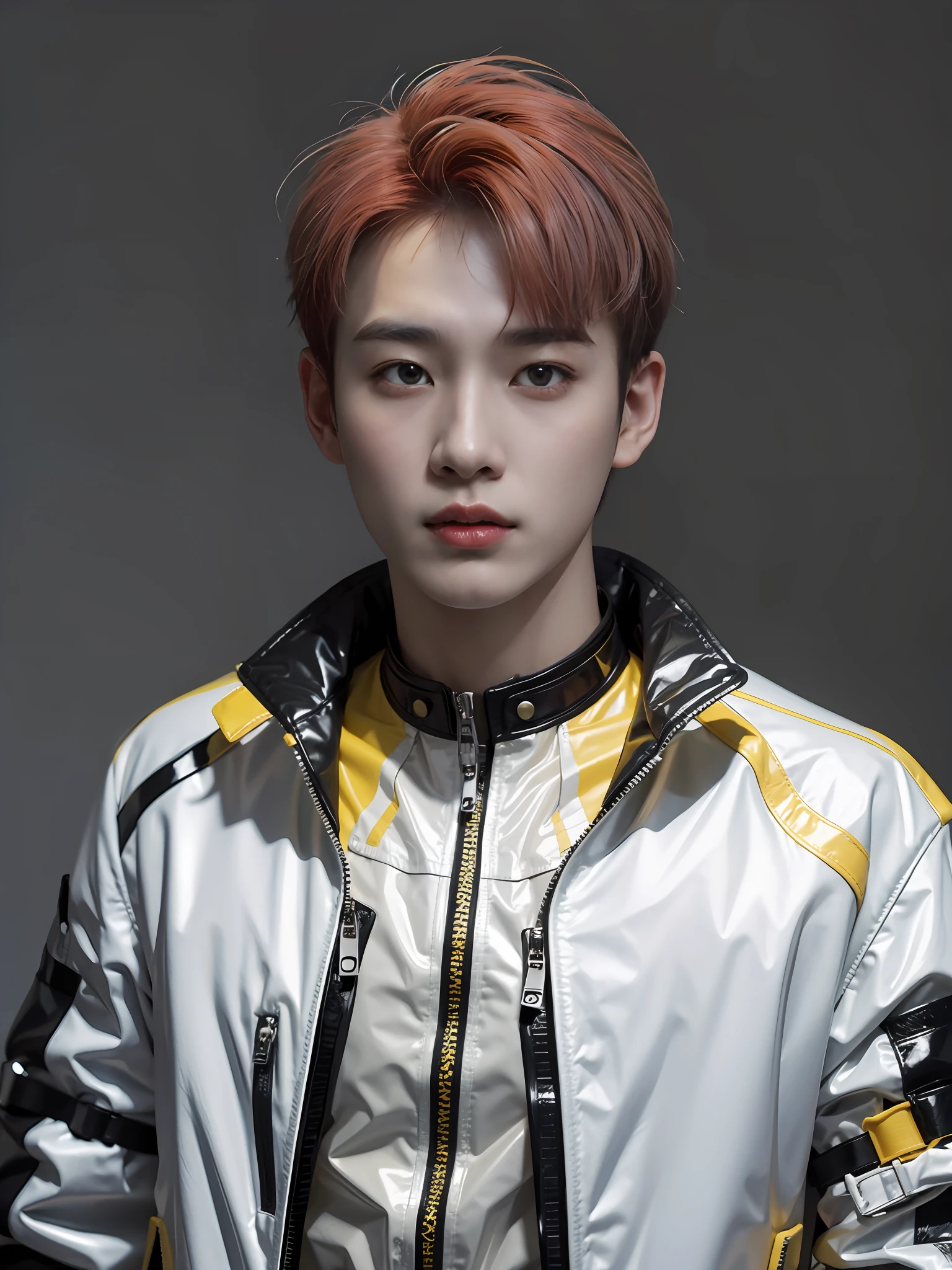 A boy with,Wearing PVC yellow black motorcycle suit,There are zippers。