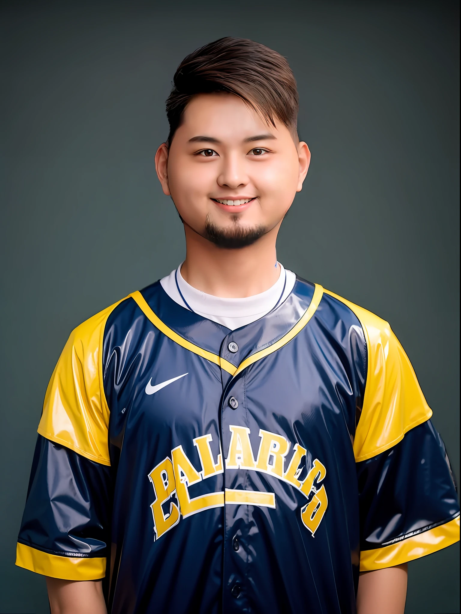 Chinese male high school student,Wears a red and yellow PVC short-sleeved baseball uniform
