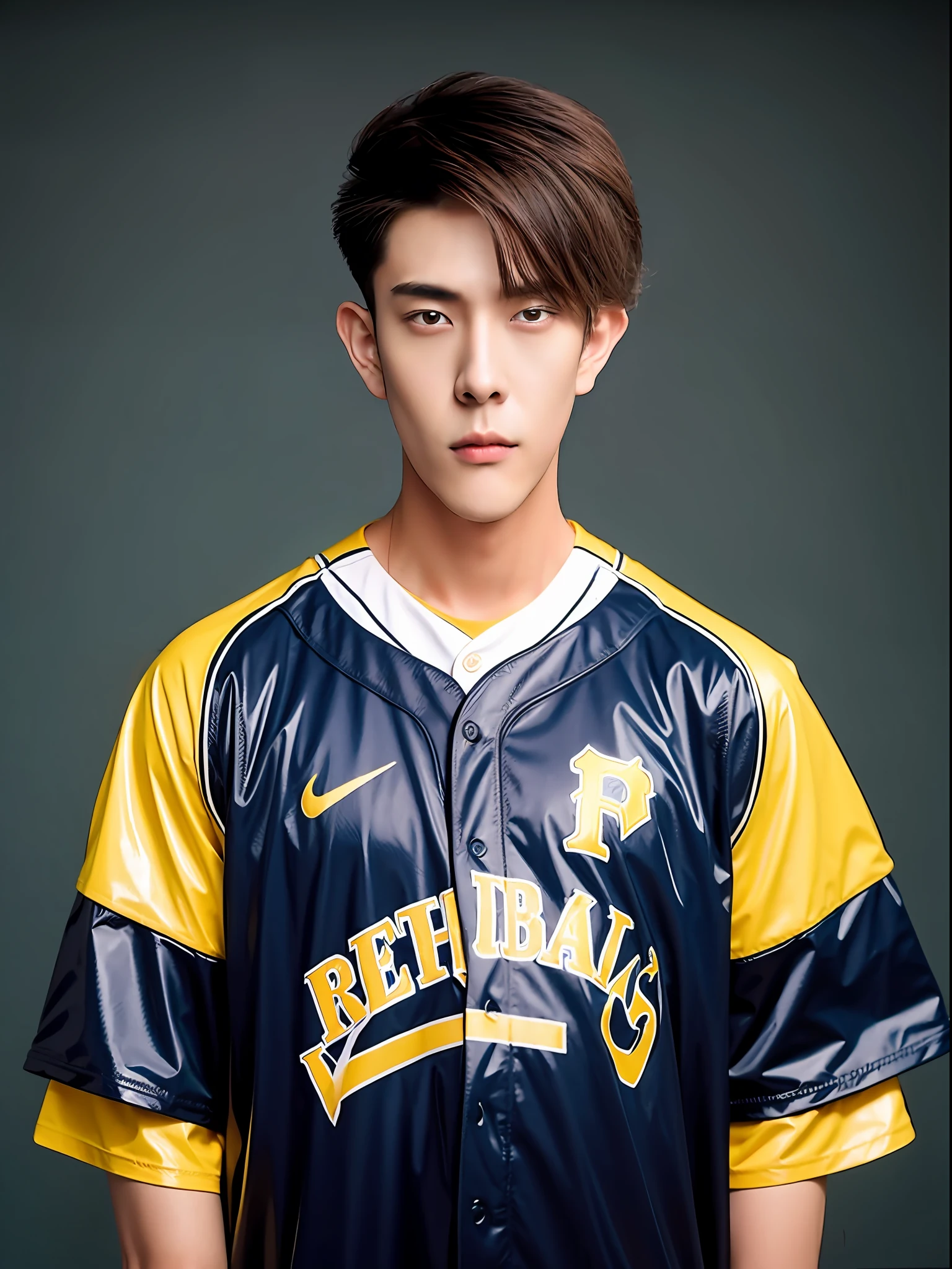 Chinese male high school student,Wears a red and yellow PVC short-sleeved baseball uniform