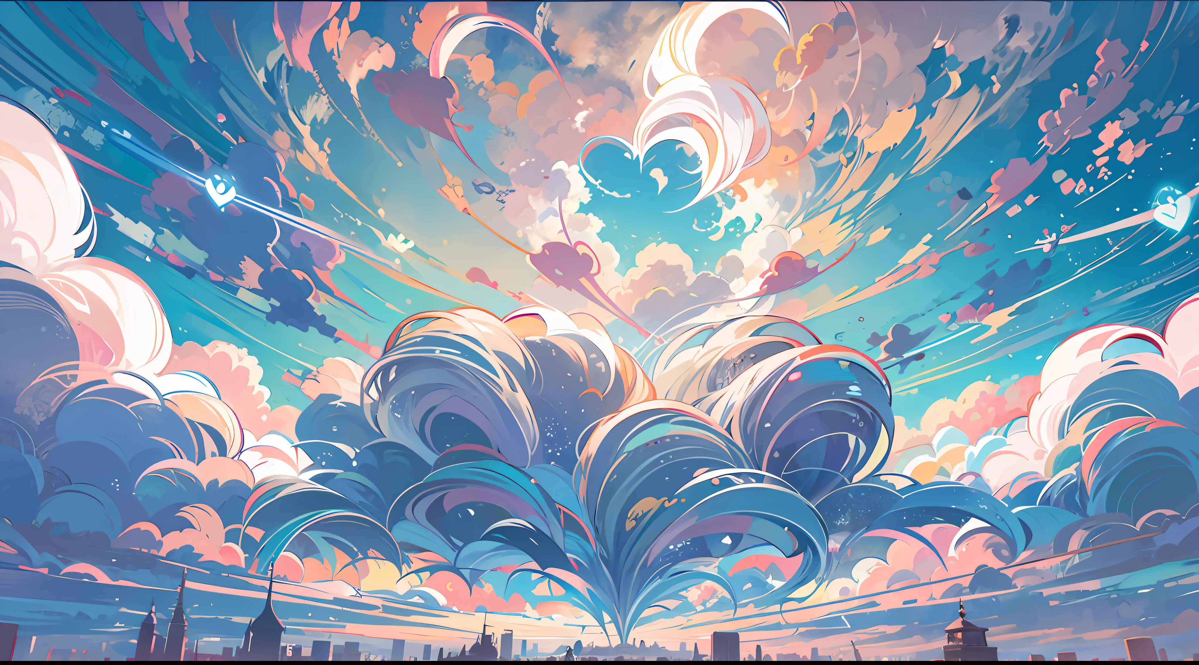 octans,Skysky,Blue sky),Heart-shaped clouds(Heart-shaped),scenecy,in the early morning,((Faraway view)),独奏,exteriors,clouds(Heart-shaped),galactic,城市,siluette,view over city,Picture quality HD,