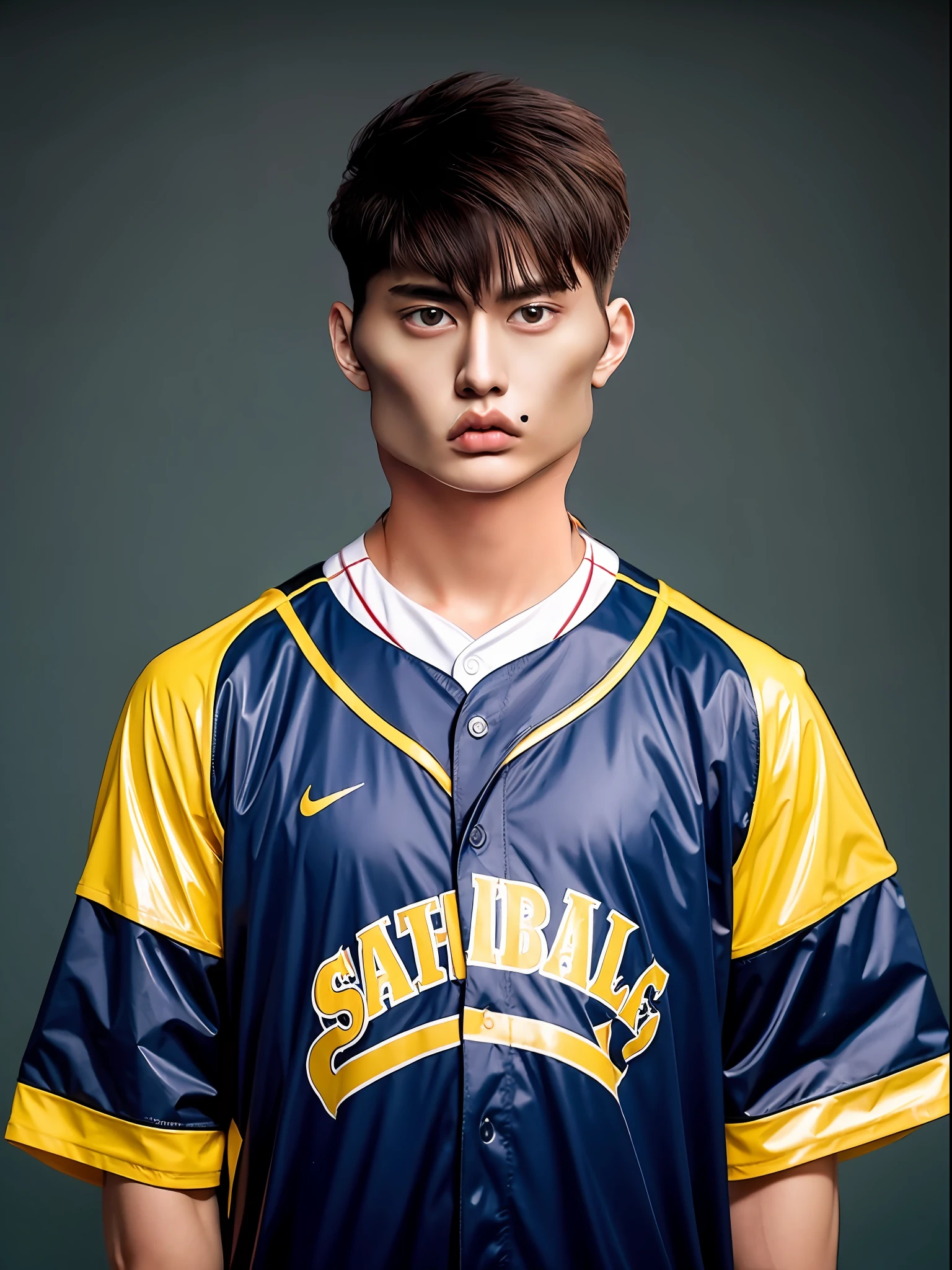 Chinese male high school student，Wears a red and yellow PVC short-sleeved baseball uniform
