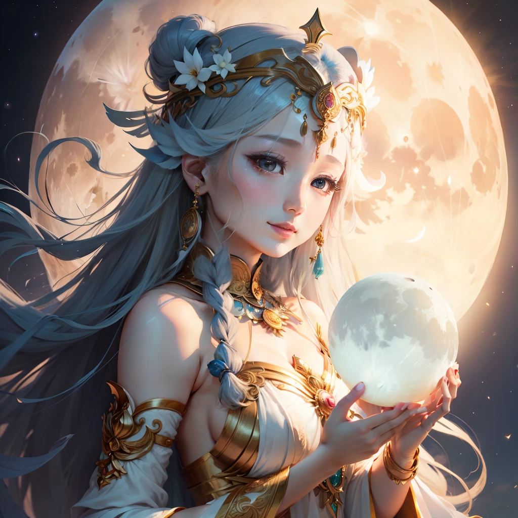 goddess of the moon、ssmile、fullmoon、nigh sky、Hands are outstretched
