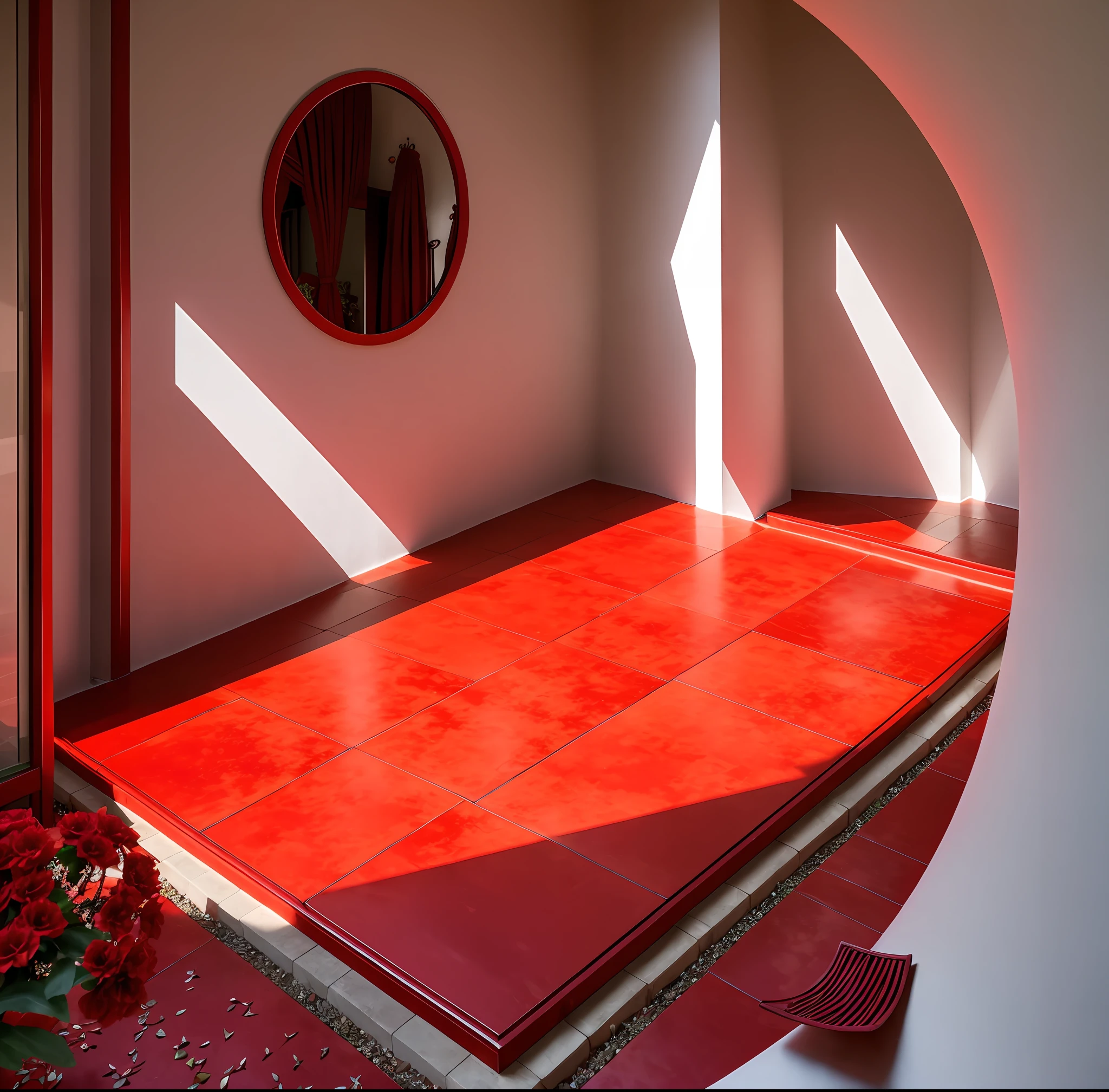 In a scene full of rich Chinese style and red,Sunny daytime,Light and shadow interlace,Create stunning visuals。The whole scene is dominated by light red,Great and hospitable atmosphere。As far as the eye can see is a spacious and elegant courtyard,The reddish masonry floor is covered with red,A faint red glow emanated from the outside。Sunlight shines through the trees,The reflection leaves mottled shades of red on the ground。The courtyard is surrounded by pomegranate and red maple trees,Colorful pomegranates hang from branches,The leaves of the red maple tree sway in the wind,,In the middle of the courtyard is a stunning gazebo,Presents a typical Chinese architectural style。The pavilion is high,Covered with pale red glazed tiles,From a distance,Like the colorful red flowers blooming in the garden,The carvings are beautifully gorgeous,real rendering,Not a night view,Best quality at best,highly detailed,tmasterpiece,ultra - detailed,Extremely detailed CG unifies 8K, 8K, tmasterpiece,best qualityer, 8K, tmasterpiece, best qualtiy, high qulity, high detal, super detailing, A high resolution, hyper HD,Complete and unified,