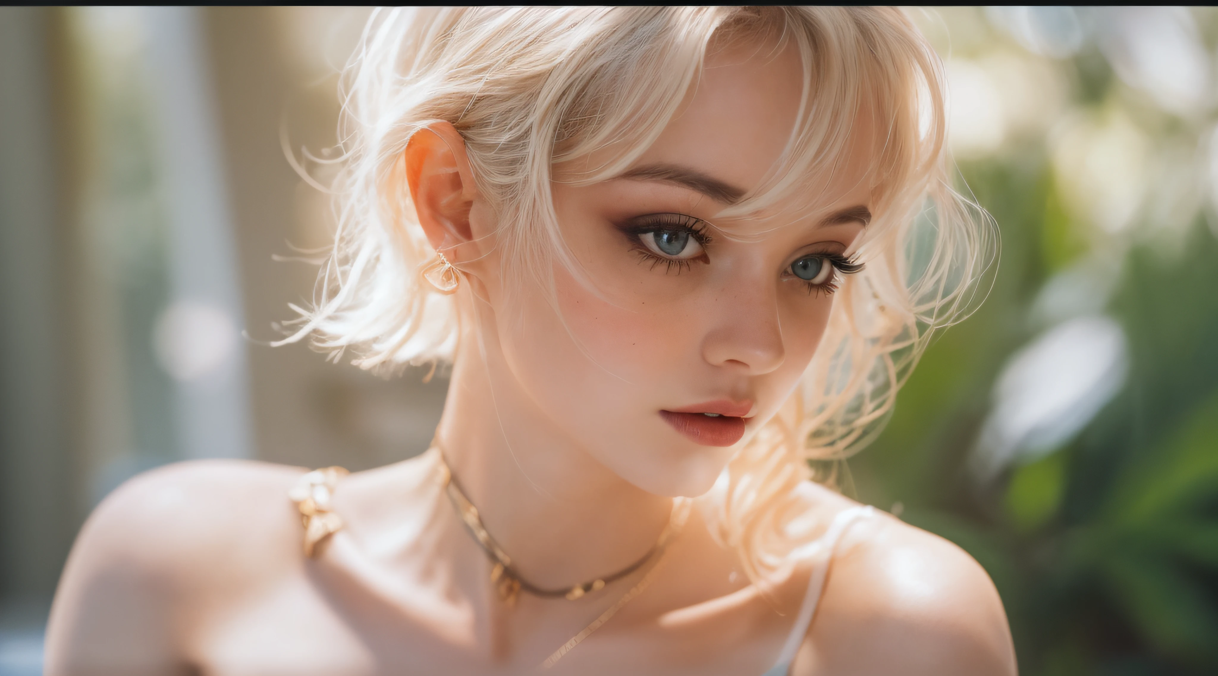 RAW photo, a 22-year-old-girl, upper body, (raecmbr-2650:0.9), (r4ec4mbr4:0.95), (1girl), (realistic), (photo-realistic:1.5), lipstick, (freckles:0.5), (short hair), multicolor hair, necklace, (RAW photo, 8k uhd, film grain), Sharp Eyeliner, Blush Eyeshadow With Thick Eyelashes, extremely delicate and beautiful, 8k, soft lighting, high quality, highres, sharp focus, extremely detailed, during the day, (sunlight on face), beautiful detailed eyes, extremely detailed eyes and face, masterpiece, cinematic lighting, (high detailed skin:1.2), 8k uhd, dslr, soft lighting, high quality, film grain, Fujifilm XT3
