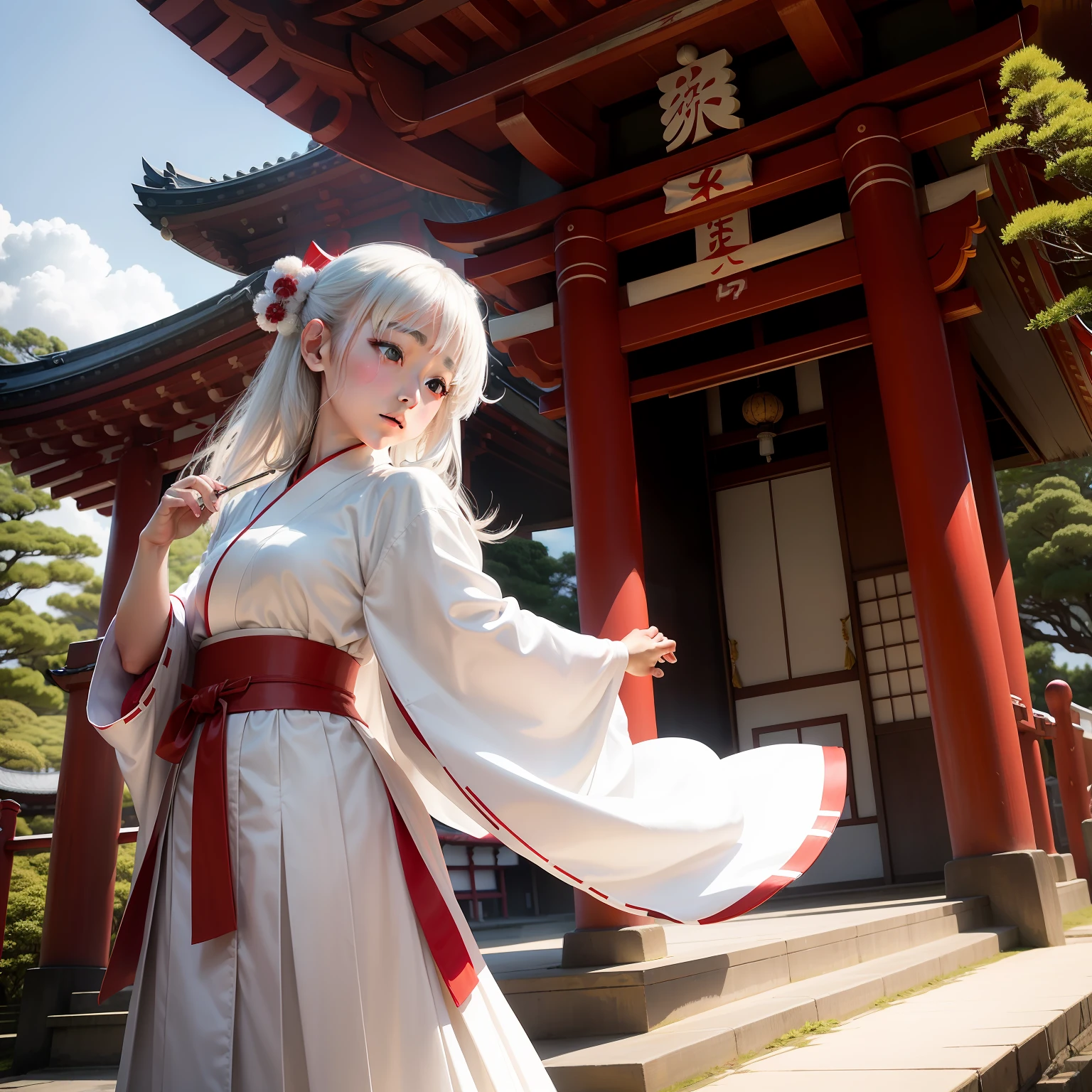 Japan Priestess,teens girl,Dressed in white,Crimson hakama。Dance at the shrine。