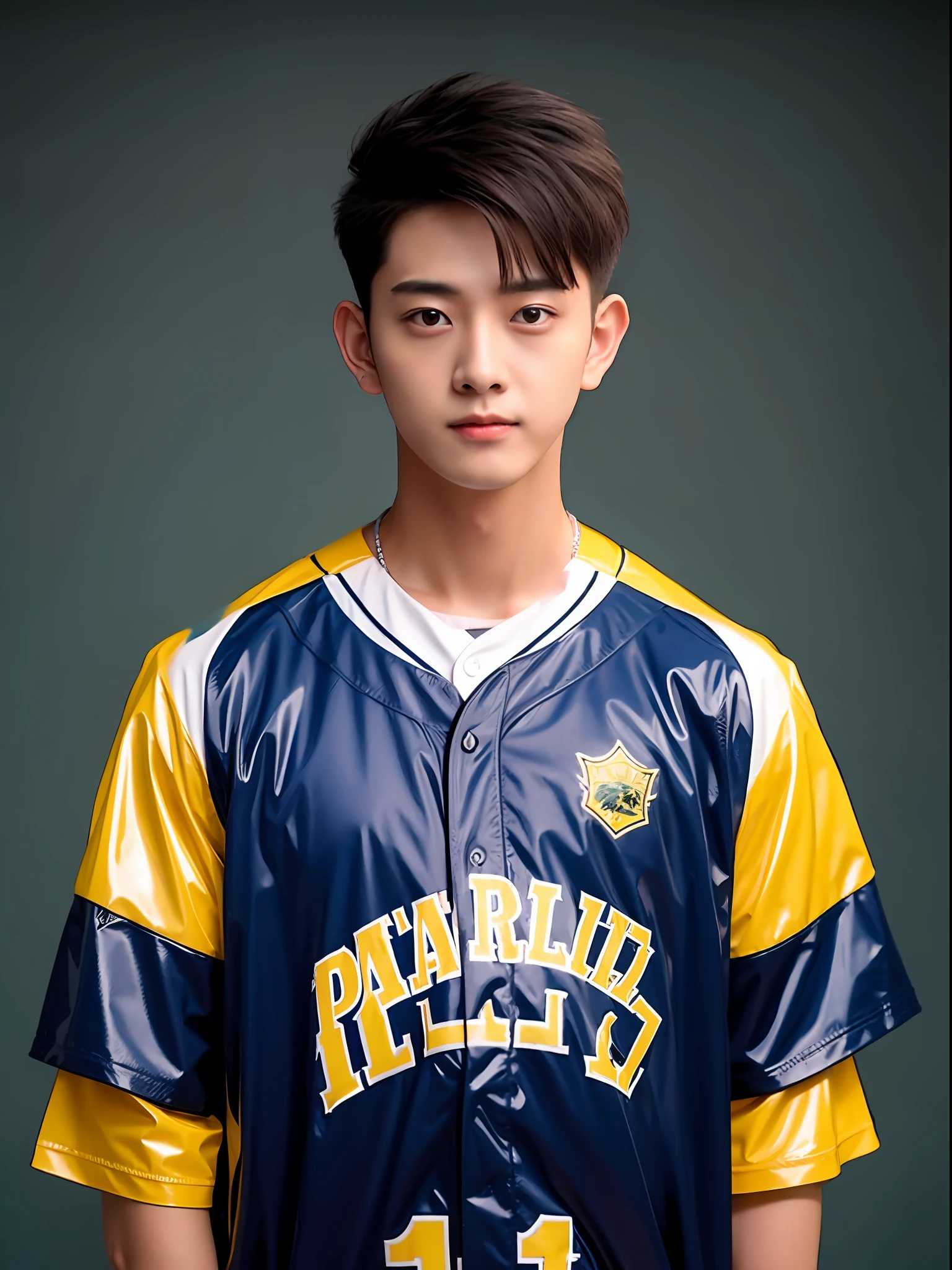 Chinese male high school student,Wears a red and yellow PVC short-sleeved baseball uniform
