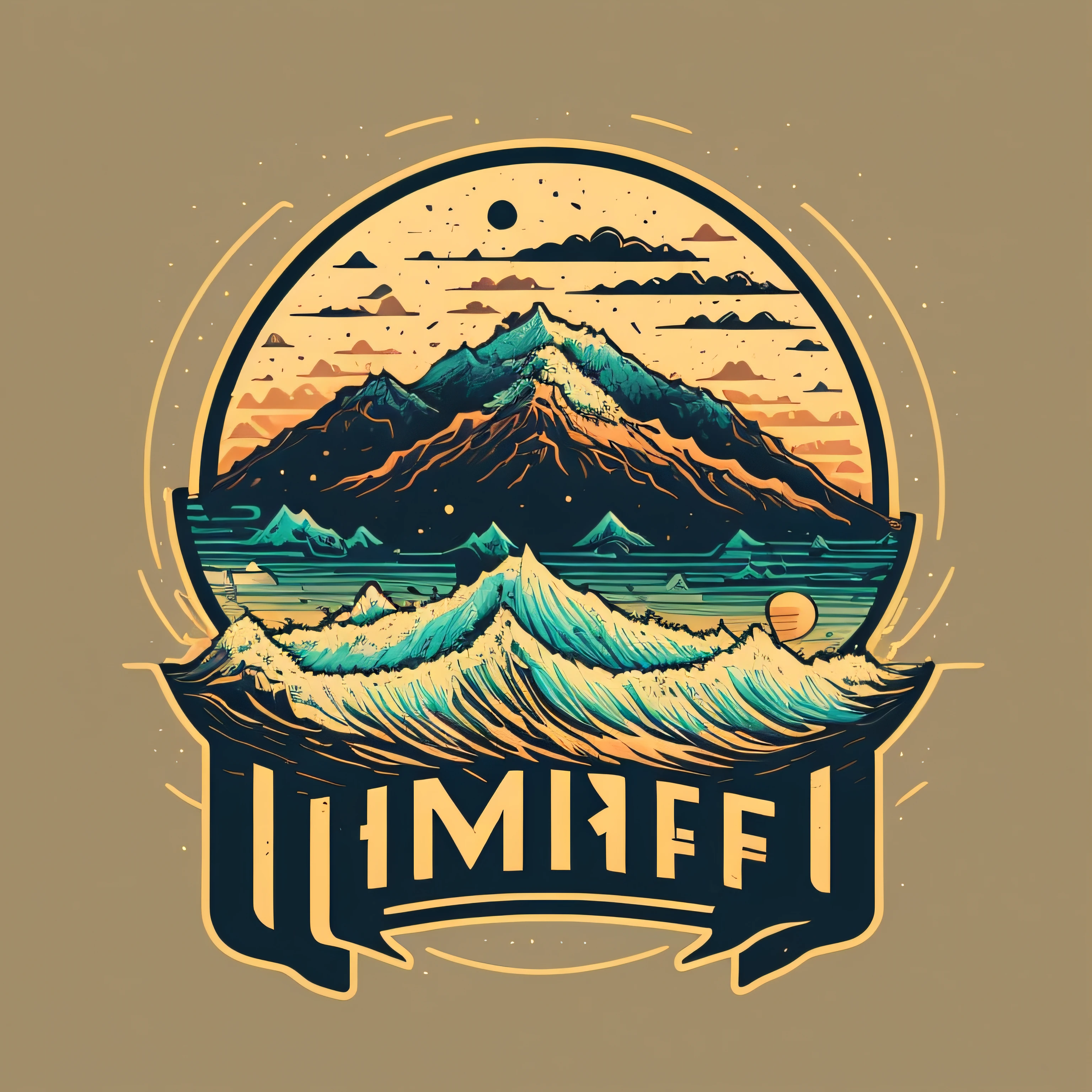 Oversized t–shirt design for adventurers and travel lovers, (minimalistic design), (sign or banner with the text "H Crew" in clear and sharp lettering integrated into the design), (no random titles or text), thin lines, vintage, no background, stylish and trendy, as a t-shirt logo in the style of MAGIFACTORY