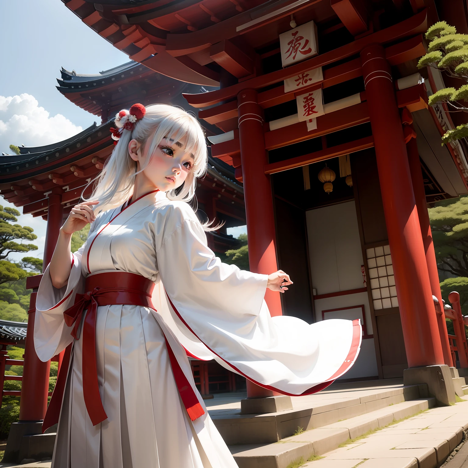 Japan Priestess，teens girl，Dressed in white，Crimson hakama。Dance at the shrine。