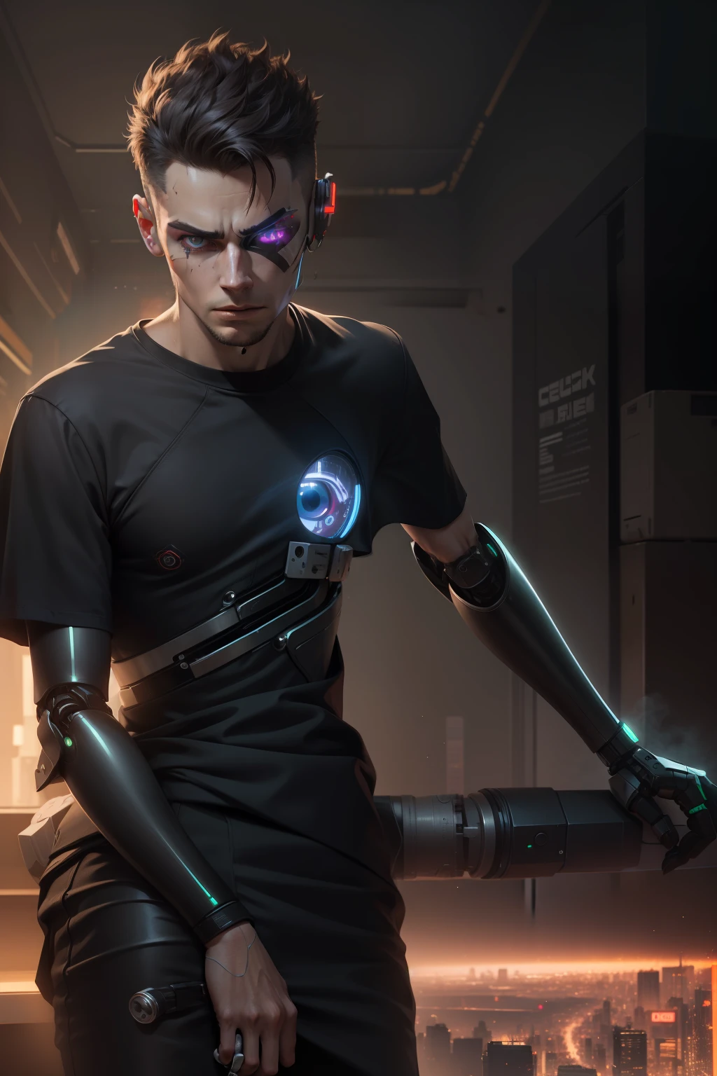 Man Cyberpunk half robotic body and left robot eye black background