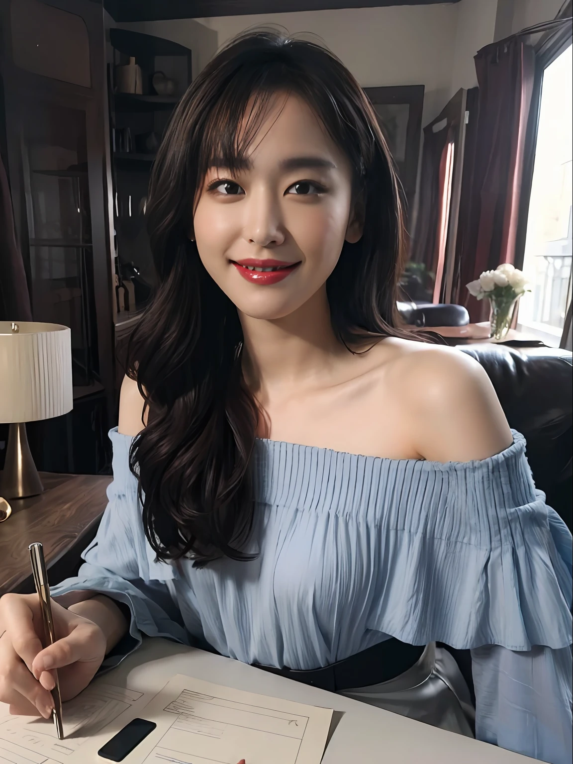 best quality, masterpiece, ultra high res, photorealistic, 1girl, offshoulder, smile