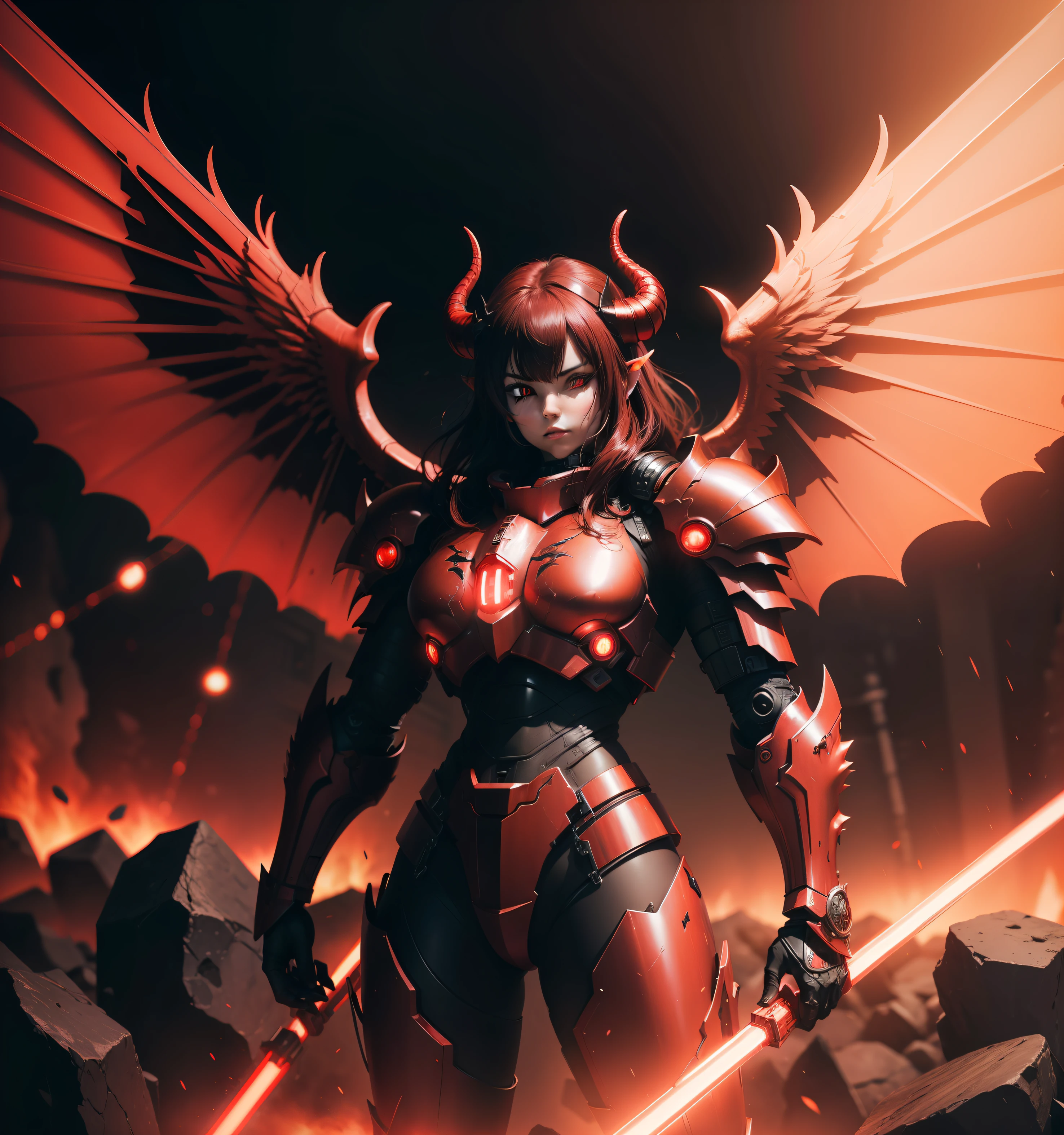 (Demon Angel in Heavy Cyber Armor with Bright Red Lights, Horns on the head and large wings in high detail)8K 3D