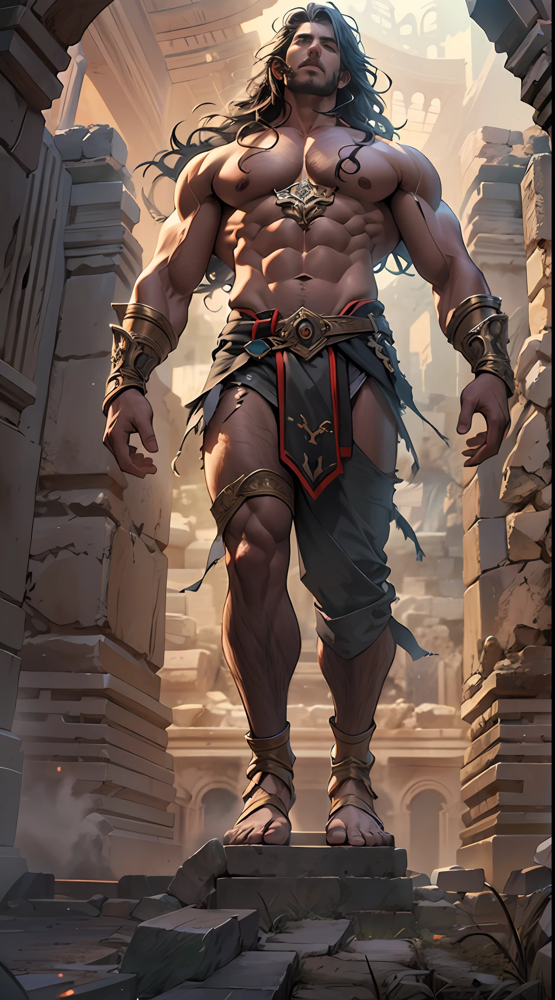 Ripped hero, shirtless upper body, legs revealed from thighs to feet, cascading long curls, intricate muscular details, photorealistic artwork, 4K resolution. Background: Mystic ancient ruins with glowing symbols,32k uhd, best quality, masterpiece, super detail, high details