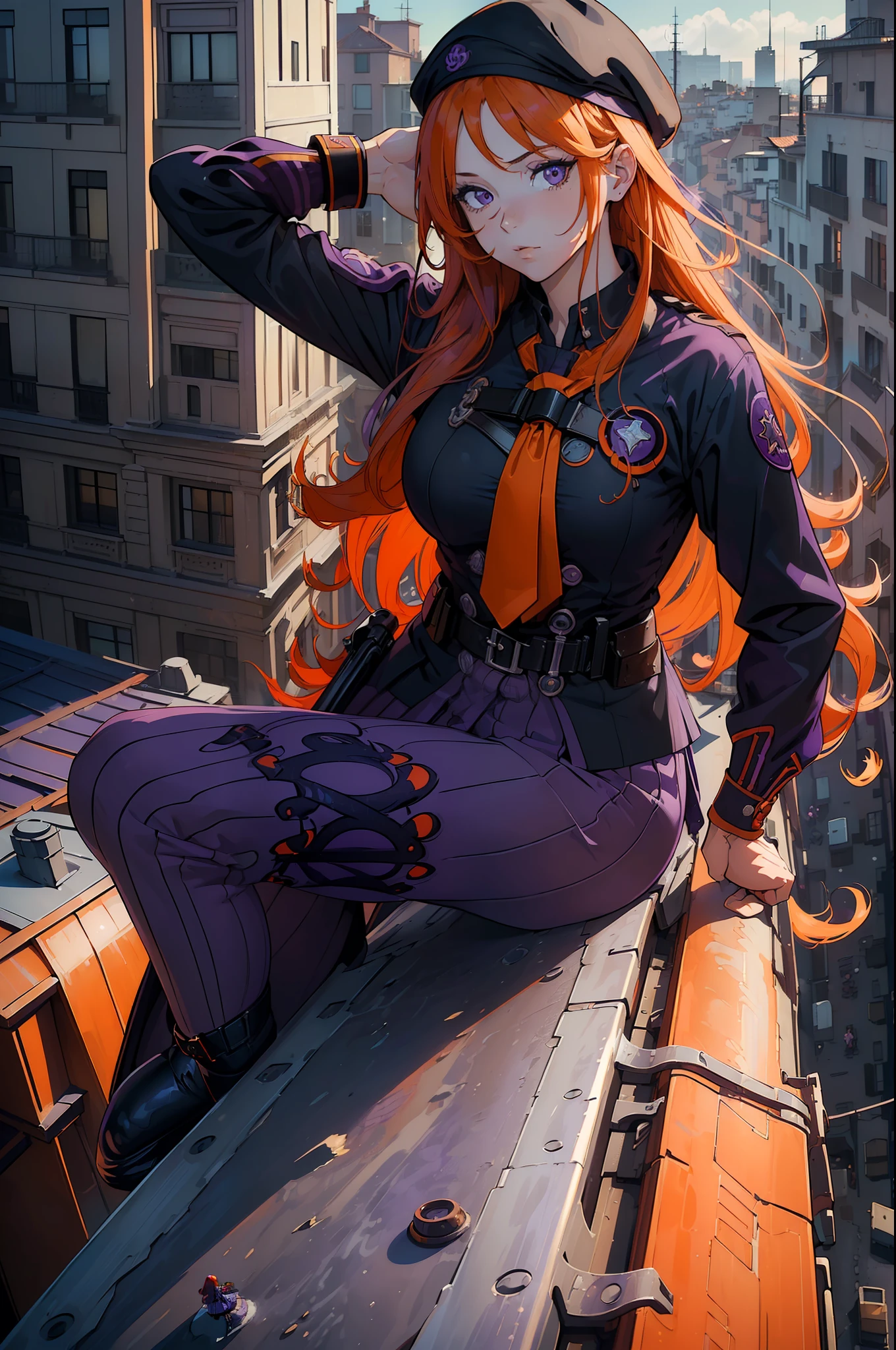 ((Stunning high resolution illustration of girl with orange hair and long purple locks, Purple eyes, vestindo roupa branca e preta escolar, segurando um rifle de franco atirador, em uma pose sexy, on top of a building, ultra detalhada))