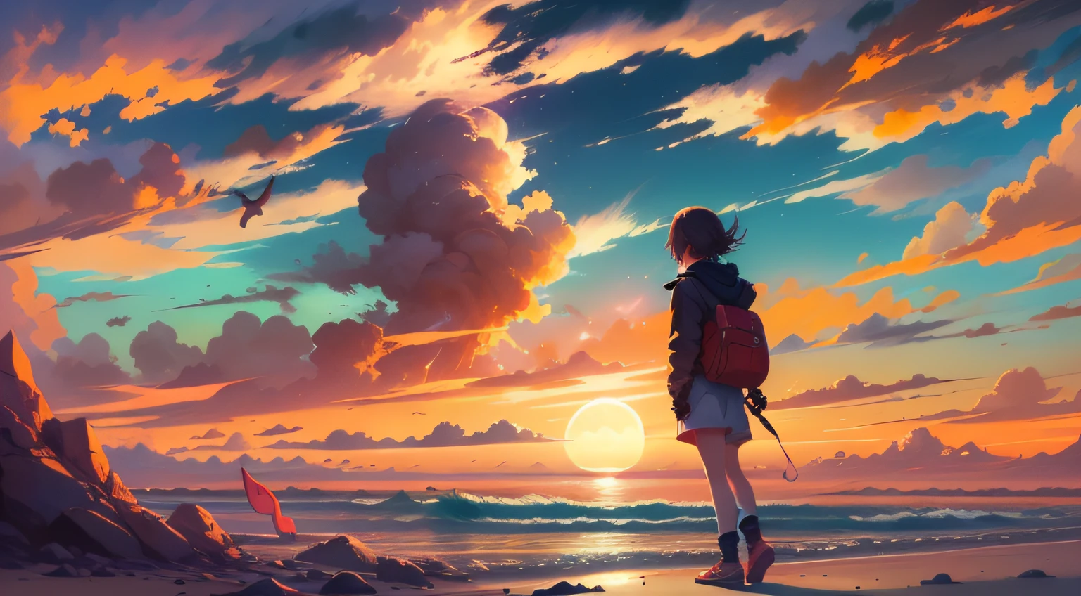 Escena de anime de una persona de pie en una playa al atardecer, Cyril Rolando y Goro Fujita, inspirado por Cyril Rolando, Makoto Shinkai Cyril Rolando, Cyril Rolando y M.W Kaluta, Cyril Rolando y M. W Kaluta, Al estilo de Cyril Rolando, Viendo la puesta de sol. anime, inspirado por Noah Bradley
