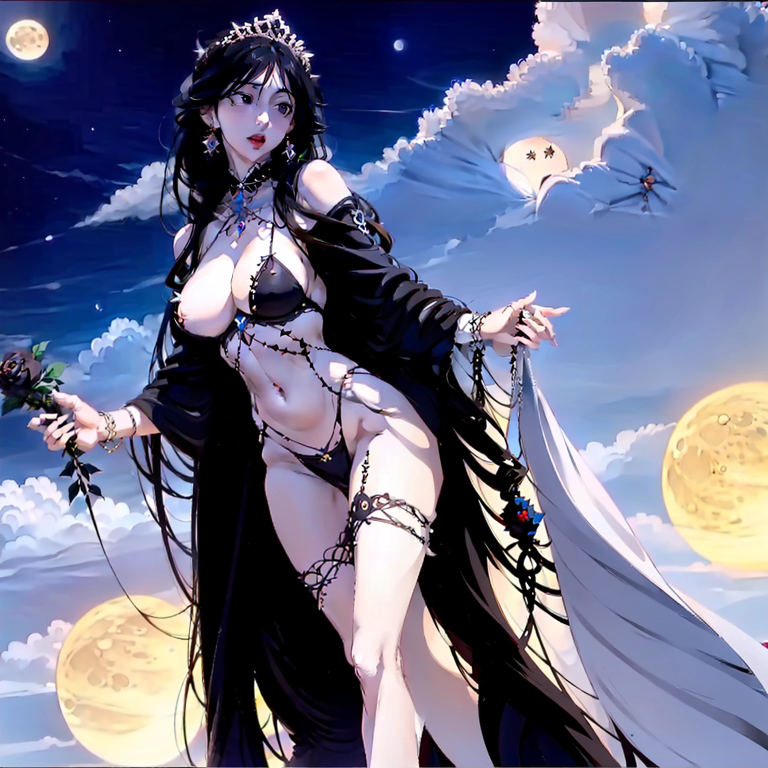 cosplay，Dark style，Long legs，huge tit，frontage，Hold a black rose in one hand，Fairy clothes，