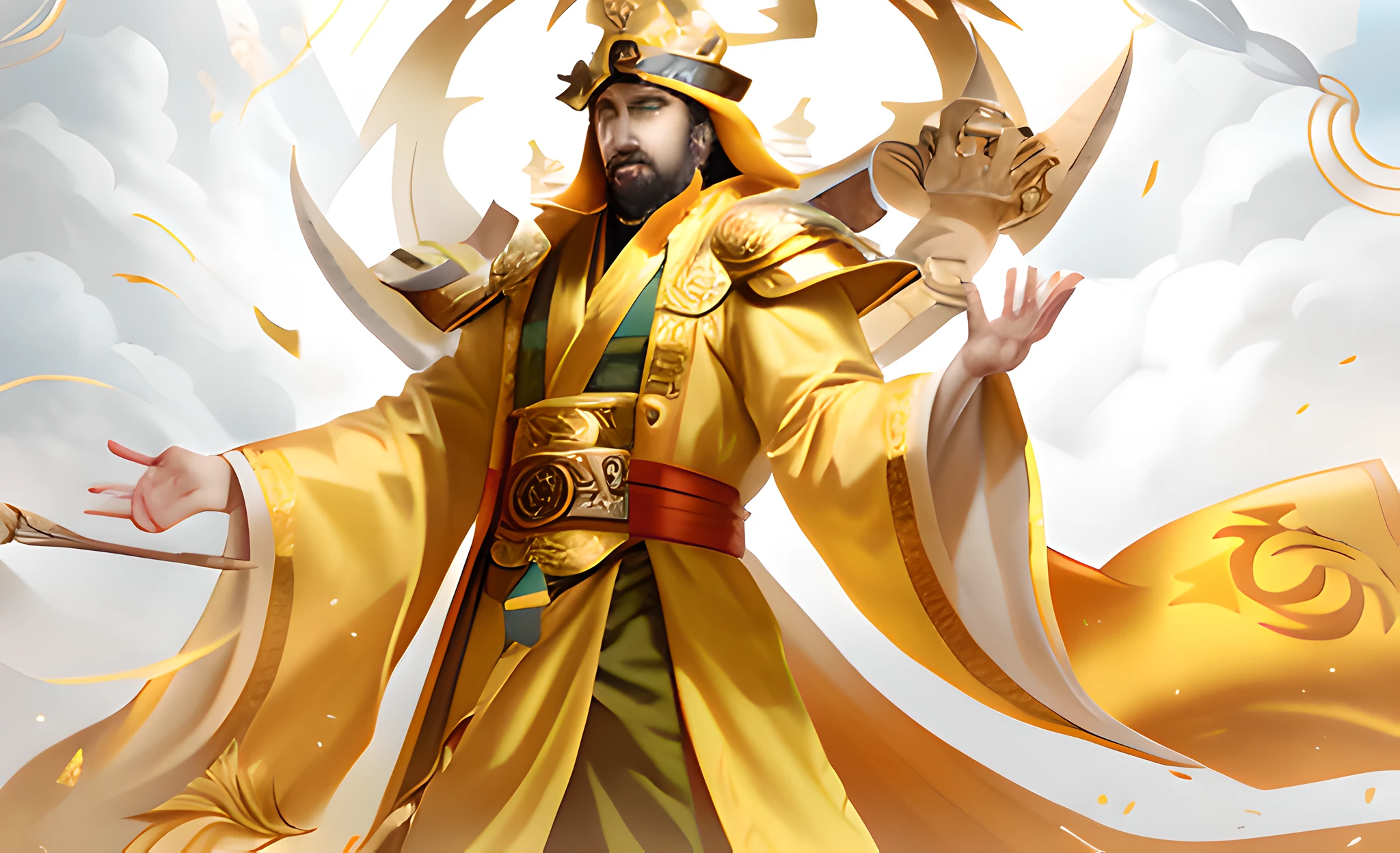 Man in Arafard's image wears a golden robe and a crown, Inspired by Huang Shen, heise jinyao, inspired by Huang Ding, bian lian, inspired by Yang Jin, inspired by Wu Bin, Inspired by Hu Zaobin, Guan yu, inspired by Wu Li, Taoist, inspired by Zhao Zuo, Inspired by Cao Zhibai