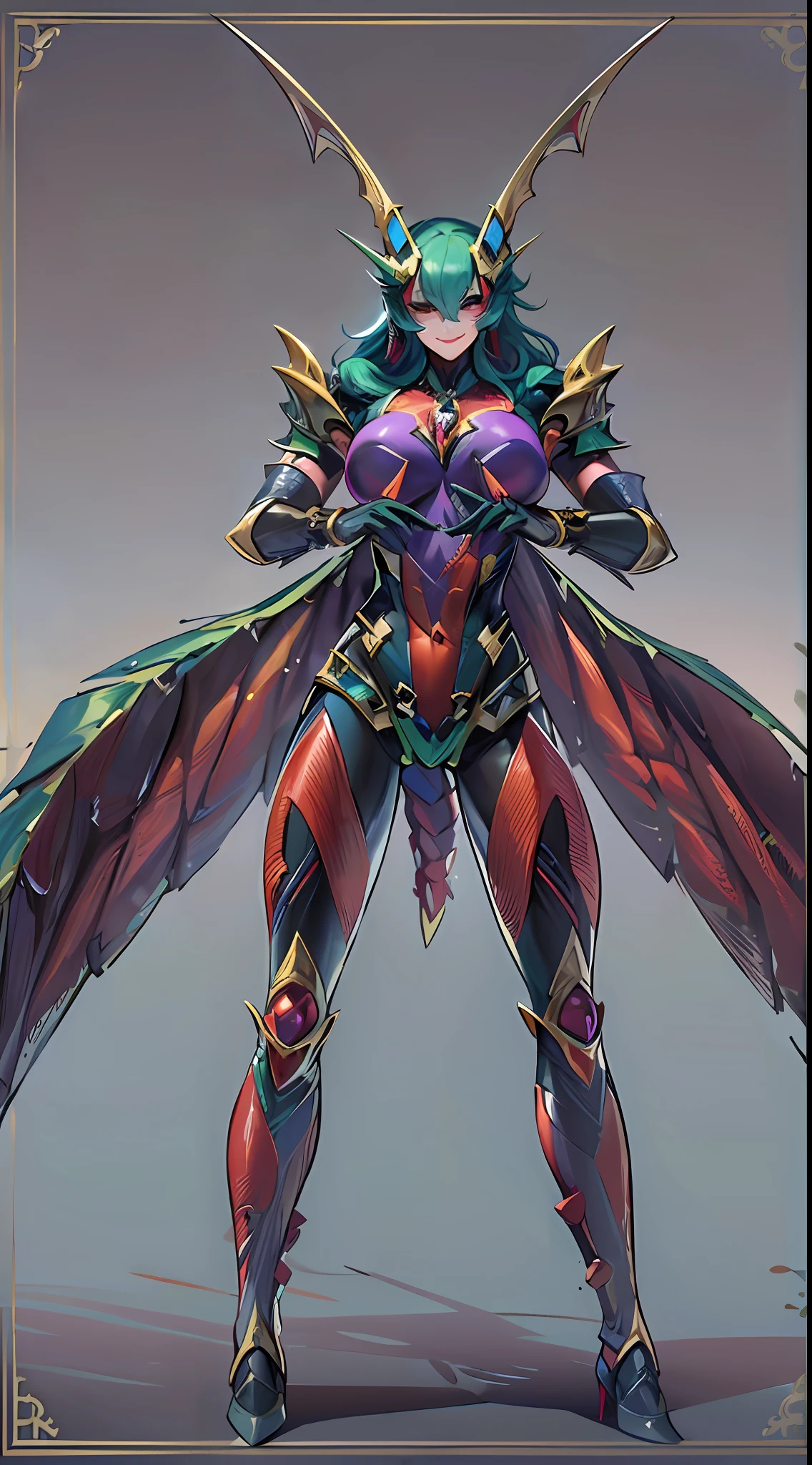 Female with purple and red hot insect shell、Guyver Style、evil smile、(​masterpiece, :1.3),(top-quality:1.4)、Long thick tail、Selshade Adult Animation、Full Body Art