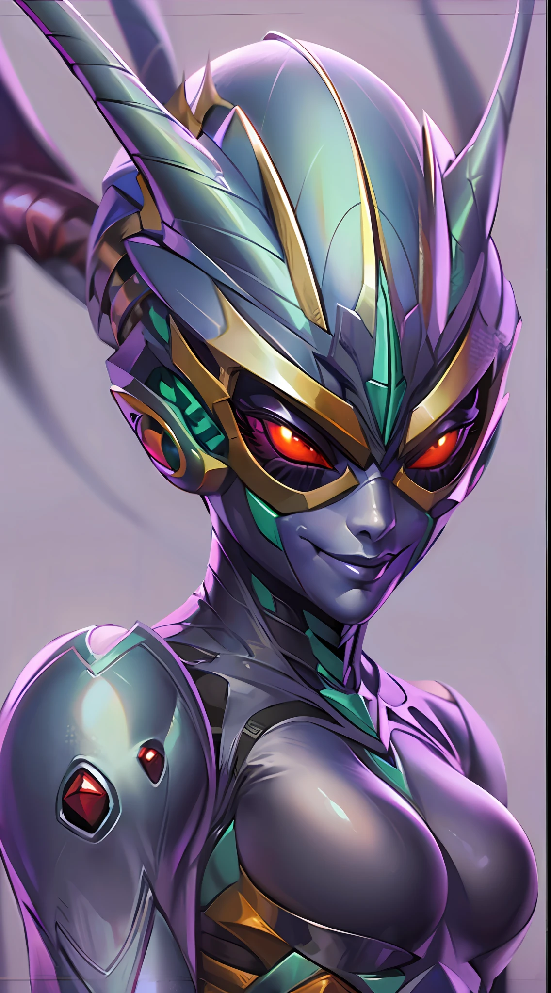 Female with purple and red hot insect shell、Guyver Style、evil smile、(masterpiece, :1.3),(top-quality:1.4)、Long thick tail、Selshade Adult Animation、Full Body Art