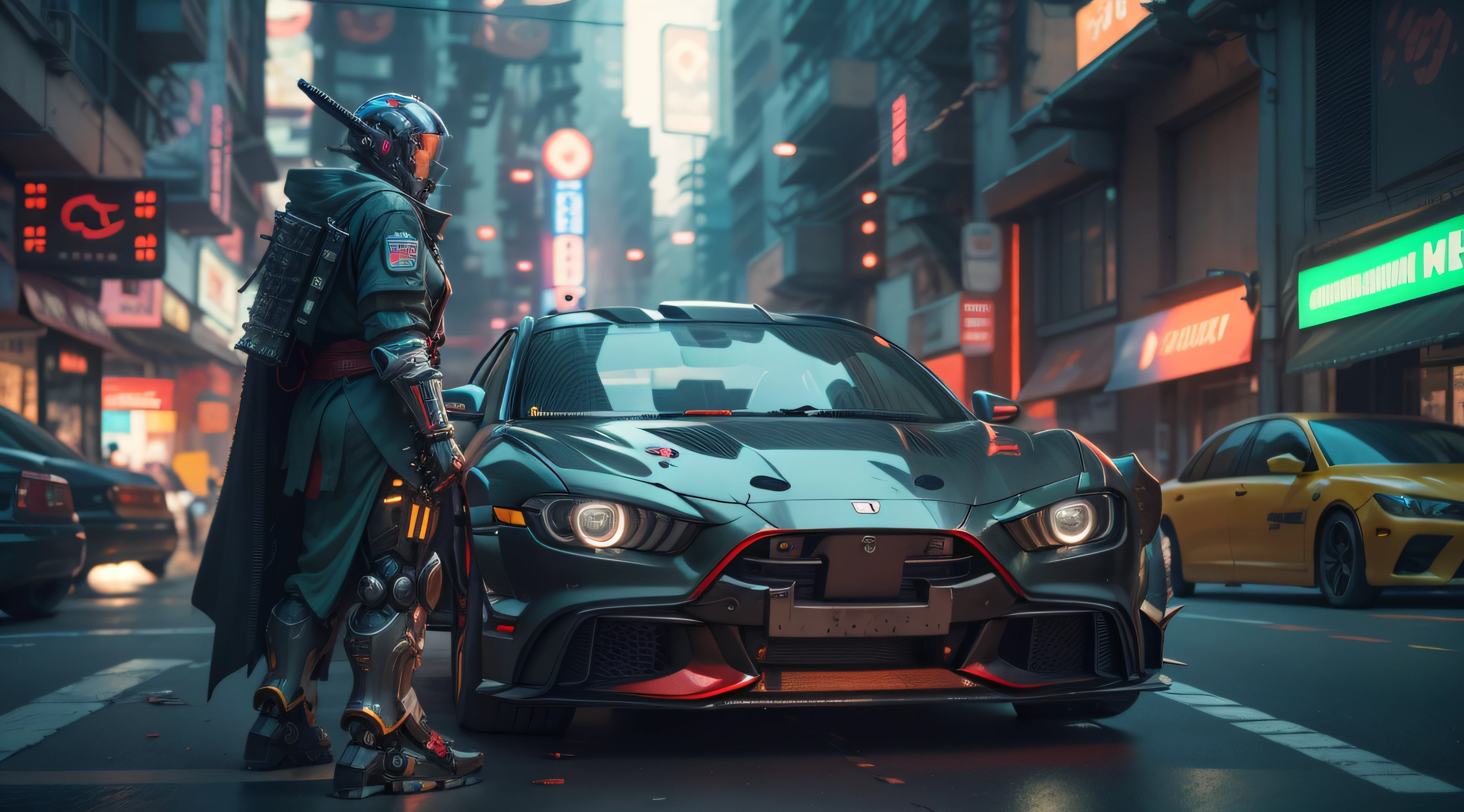 Arafeld robot on city street,A car in the background, master chief in cyberpunk city, Cyberpunk Samurai, 8k octane 3d render, 8 k octane detailed render, very beautiful cyberpunk samurai, cyberpunk art ultrarealistic 8k, fantasy style 8 k octane render, octane 8k render, octane 8 k render, cyberpunk flame suit