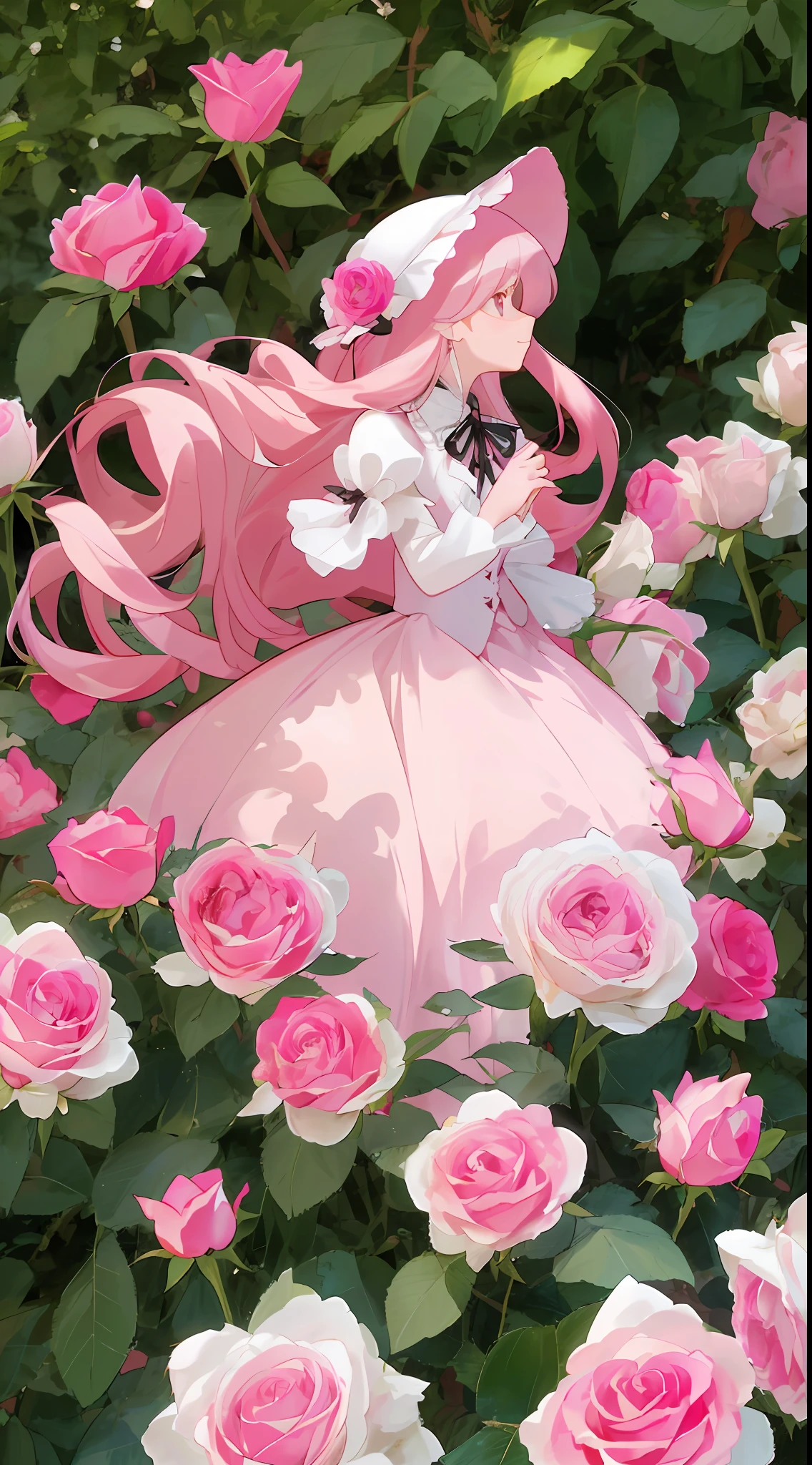 There is a large group of pink and white roses in the garden, Rozen Maiden, rose-brambles, Rose, rosa bonheurn, rose twining, rosette, full bloom, natural point rose', Amazing beauty, a few roses, Incredibly beautiful, heavily ornamental, light pink tonalities, Rose garden, pink rosa, decorative roses, beautifully