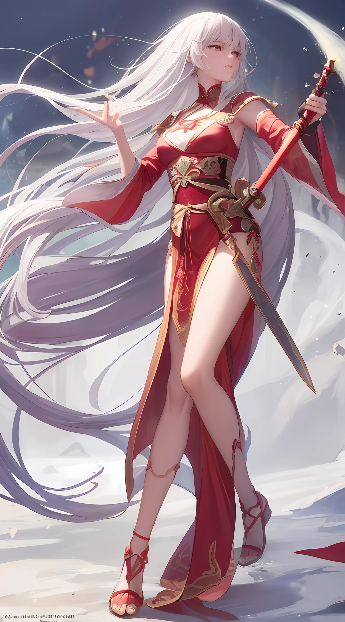 A close-up of a woman in a light red dress holding a sword in her right hand and a dagger in her left hand,Open your hands,frontage,Portrait of Midouko,The popularity of CGsociety,Fantasyart,beautiful character painting,Guviz-style artwork,Guvitz,Light red Hanfu,A flowing light red robe,full-body wuxia,epic exquisite character art,stunning character art,beautiful female assassin,(Background with:Amazing ghost fire art)