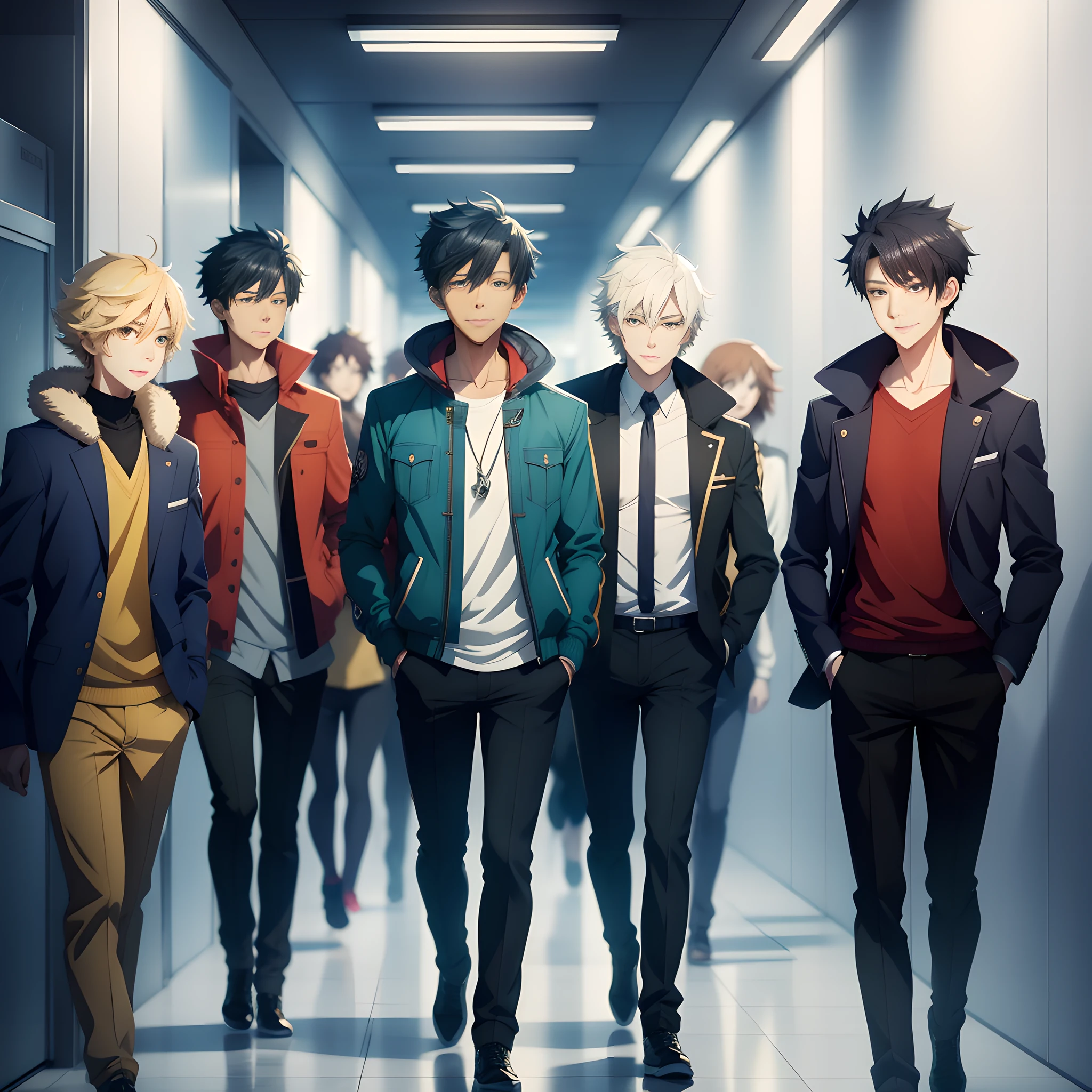 5 adults，Everyone is wearing down jackets，natta，rays of moonlight，Background in the corridor of a modern building，Expression of anger，trigger anime artstyle, Male anime style, smileing nright, as an anime character, High Quality Anime Art Style, Anime boy, Digital anime illustration, In anime style