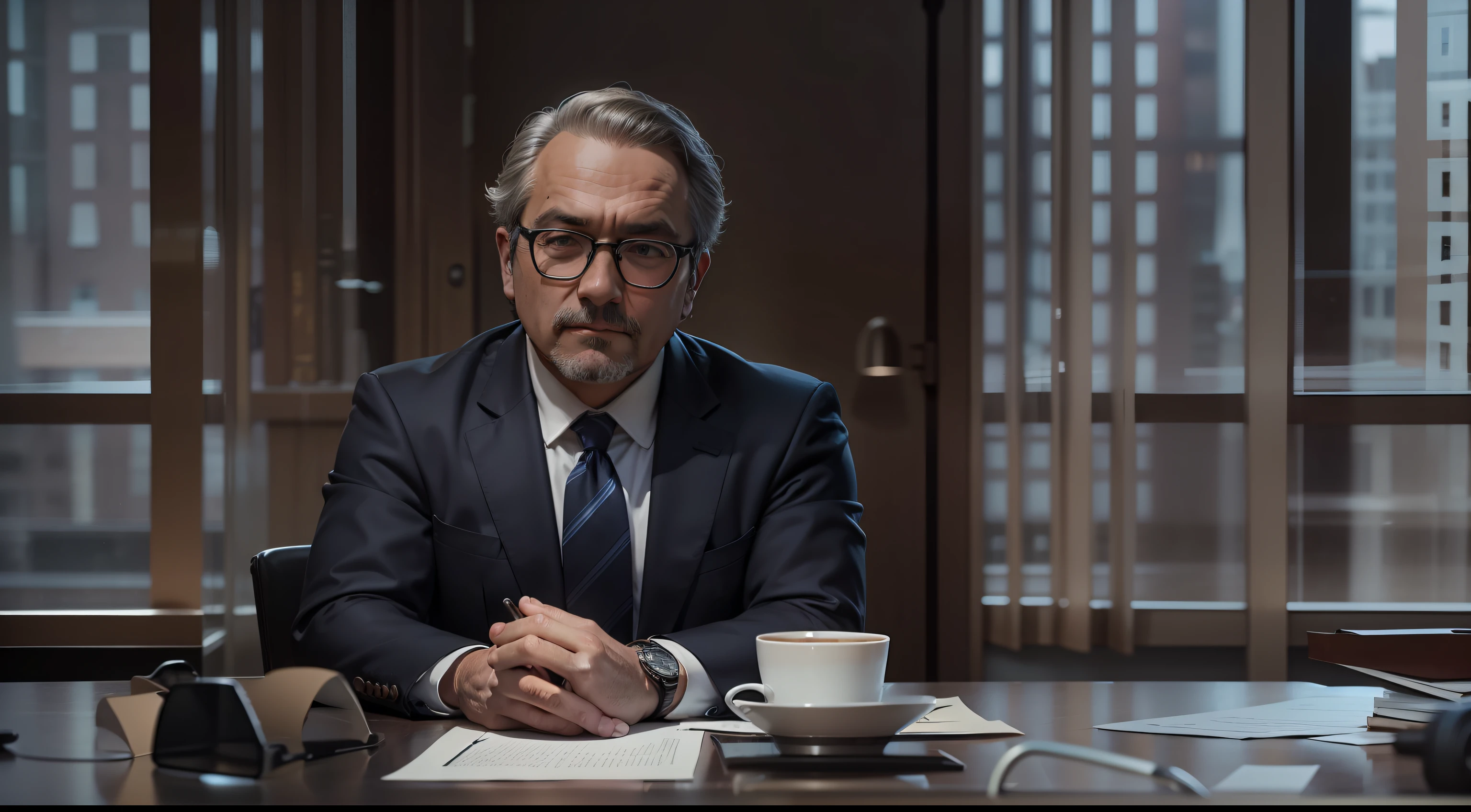 Middle aged man dressed in suit, wearing dark glasses, sitting behind a desk near a window, background is dark