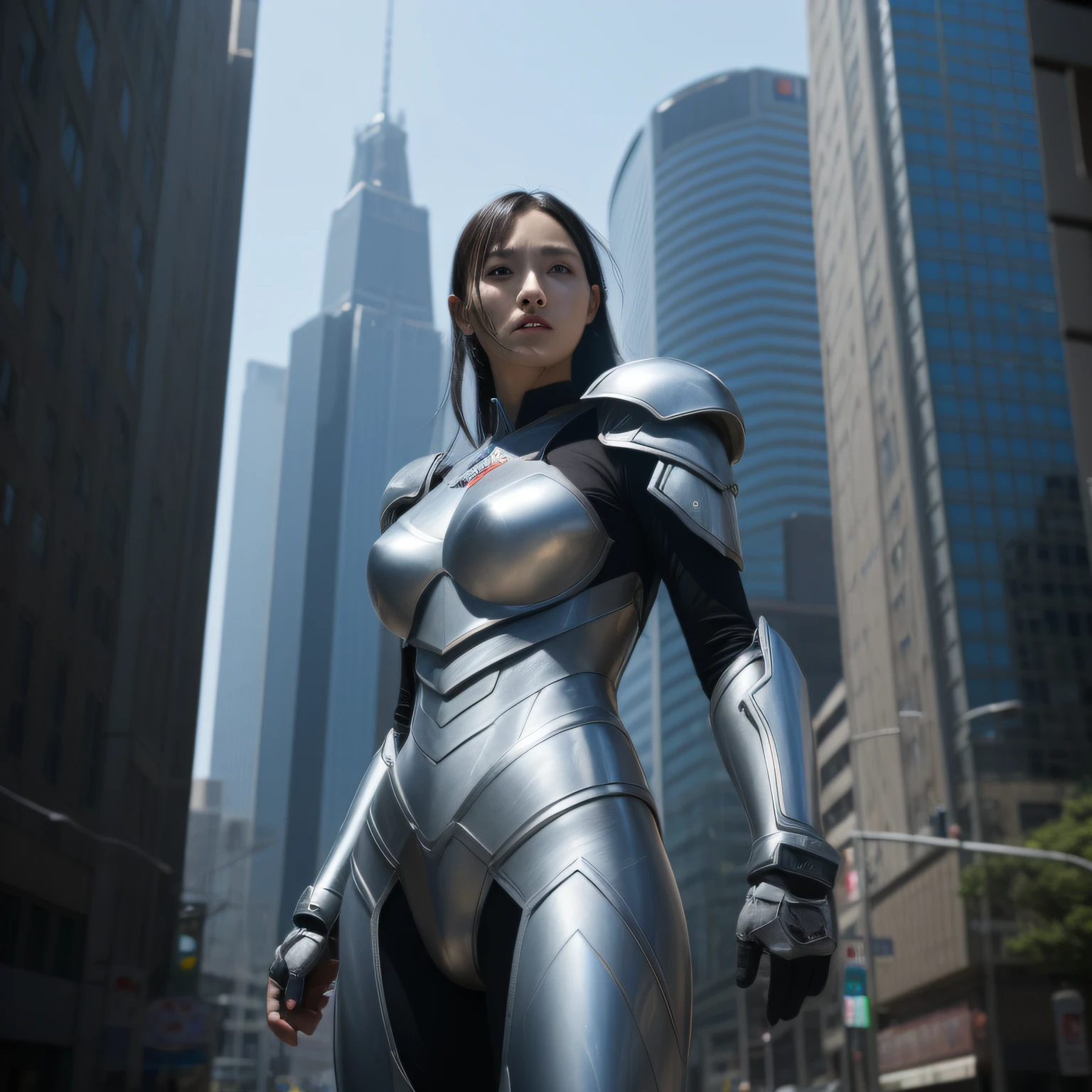 (8K、RAW、proffesional、top-quality、masterpiece:1.2)、(realisitic、Photorealsitic:1.37)、The ultra-detailliert、(portlate)、(Highest Detail Skin:1.2)、(Highest Detail Face:1.2)、cinematlic lighting、Superheroine、Silverwing stood up to defend peace in the city。Huge rogue、The Eisen Road was trying to take control of the city。Her silver feather is a symbol of courage and hope。 As the minions of the Eisen Road spread terror in the city、Silver Wings Stand Up。Her power is indomitable and、Fought valiantly against the army of great evil。Embodying speed and justice、Defeat dozens of minions alone。 And finally confronted Eisen Road。He was dressed in a huge metal suit.、Show off overwhelming power。however、Silverwing flashed with determination to crush his ambitions。 After a fierce battle、Silver Wing defeats Eisen Lord with Metal Heart brilliance and powerful conviction、Liberated the city。Her brave appearance left an eternal memory and gratitude etched in the hearts of the citizens.。