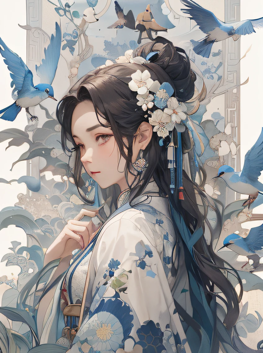 There was a woman with a bluebird stuck in her hair,Blue and white porcelain, Guviz, Guviz-style artwork, Palace , A girl in Hanfu, by Yang J, by Ye Xin, Guweiz in Pixiv ArtStation, Guweiz on ArtStation Pixiv, author:Chen Lin, trending on cgstation, Beautiful digital artwork