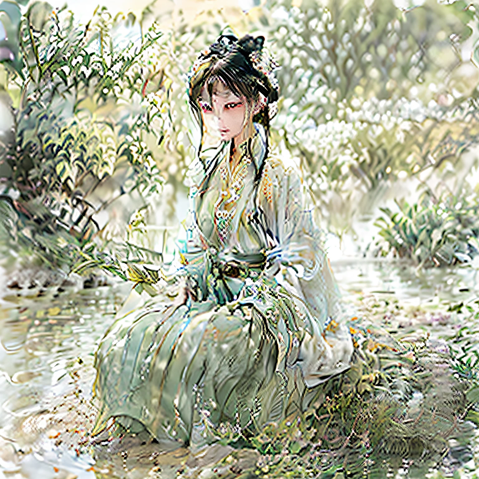 zen feeling，人物，1female，Full body figures，rich background，ultraclear，Line-based，National style，water ink，Meticulous，super detail