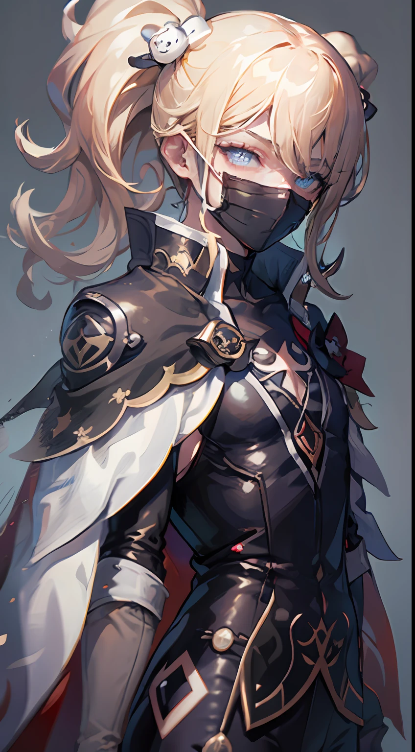 masterpiece, best quality,dainsleif\(genshin impact\), 1boy, male focus, solo, blonde hair, blue eyes, mask, gloves, hair between eyes, looking at viewer, cape, closed mouth, black gloves, bangs, high collar,, (grey background:1.4),(kbxll:0.6)