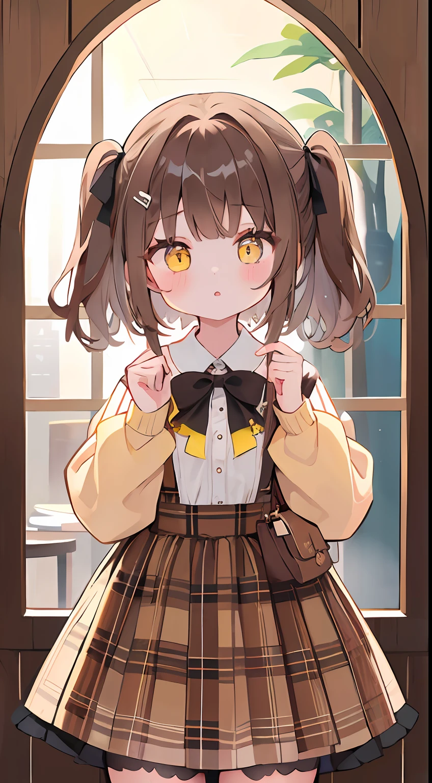 One girl、Brown hair、Plaid dress、Brown dress、chocolate、cute little、Twin-tailed、candy、Chocolate cake、yellow eyes、masterpiece、top-quality、Top image quality、
