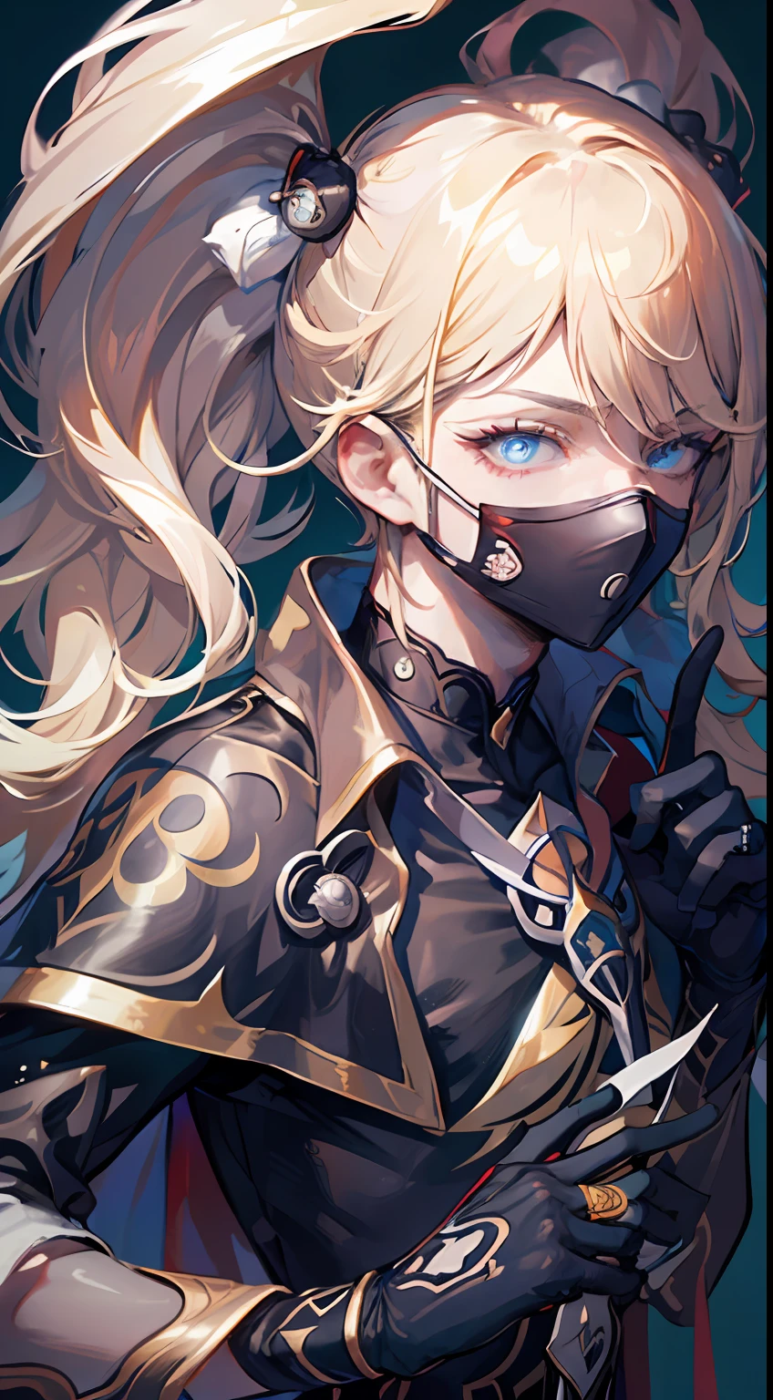 masterpiece, best quality,dainsleif\(genshin impact\), 1boy, male focus, solo, blonde hair, blue eyes, mask, gloves, hair between eyes, looking at viewer, cape, closed mouth, black gloves, bangs, high collar,,  (grey background:1.4),(kbxll:0.6)