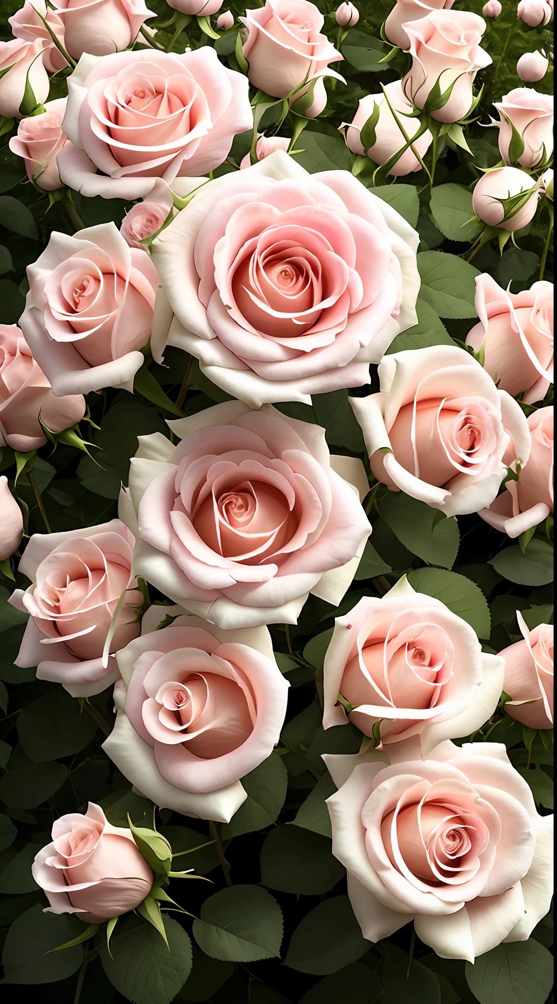 There is a large group of pink and white roses in the garden, Rozen Maiden, rose-brambles, Rose, rosa bonheurn, rose twining, rosette, full bloom, natural point rose', Amazing beauty, a few roses, Incredibly beautiful, heavily ornamental, light pink tonalities, Rose garden, pink rosa, decorative roses, beautifully