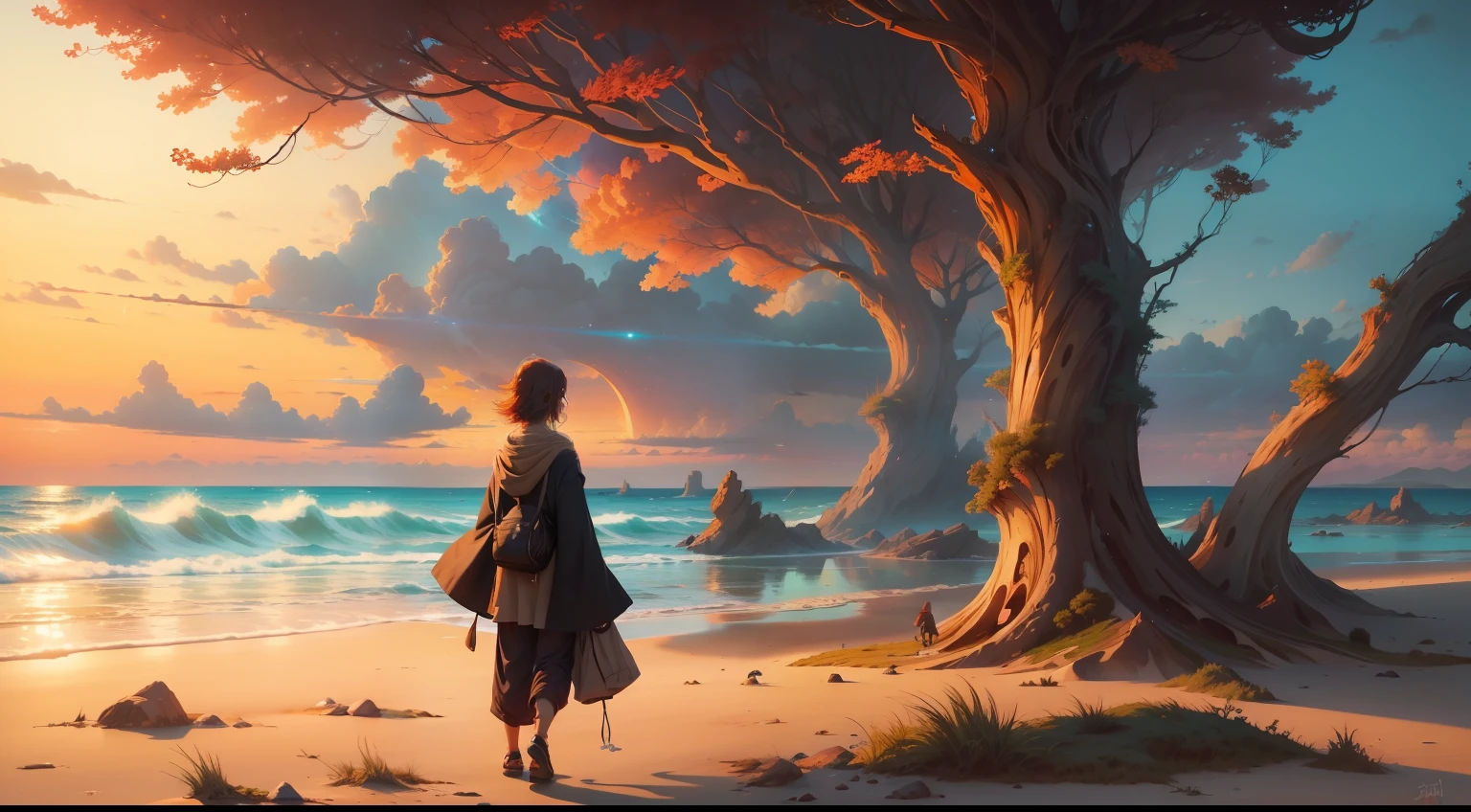 Escena de anime de una persona de pie en una playa al atardecer, Cyril Rolando y Goro Fujita, inspirado por Cyril Rolando, Makoto Shinkai Cyril Rolando, Cyril Rolando y M.W Kaluta, Cyril Rolando y M. W Kaluta, Al estilo de Cyril Rolando, Viendo la puesta de sol. anime, inspirado por Noah Bradley