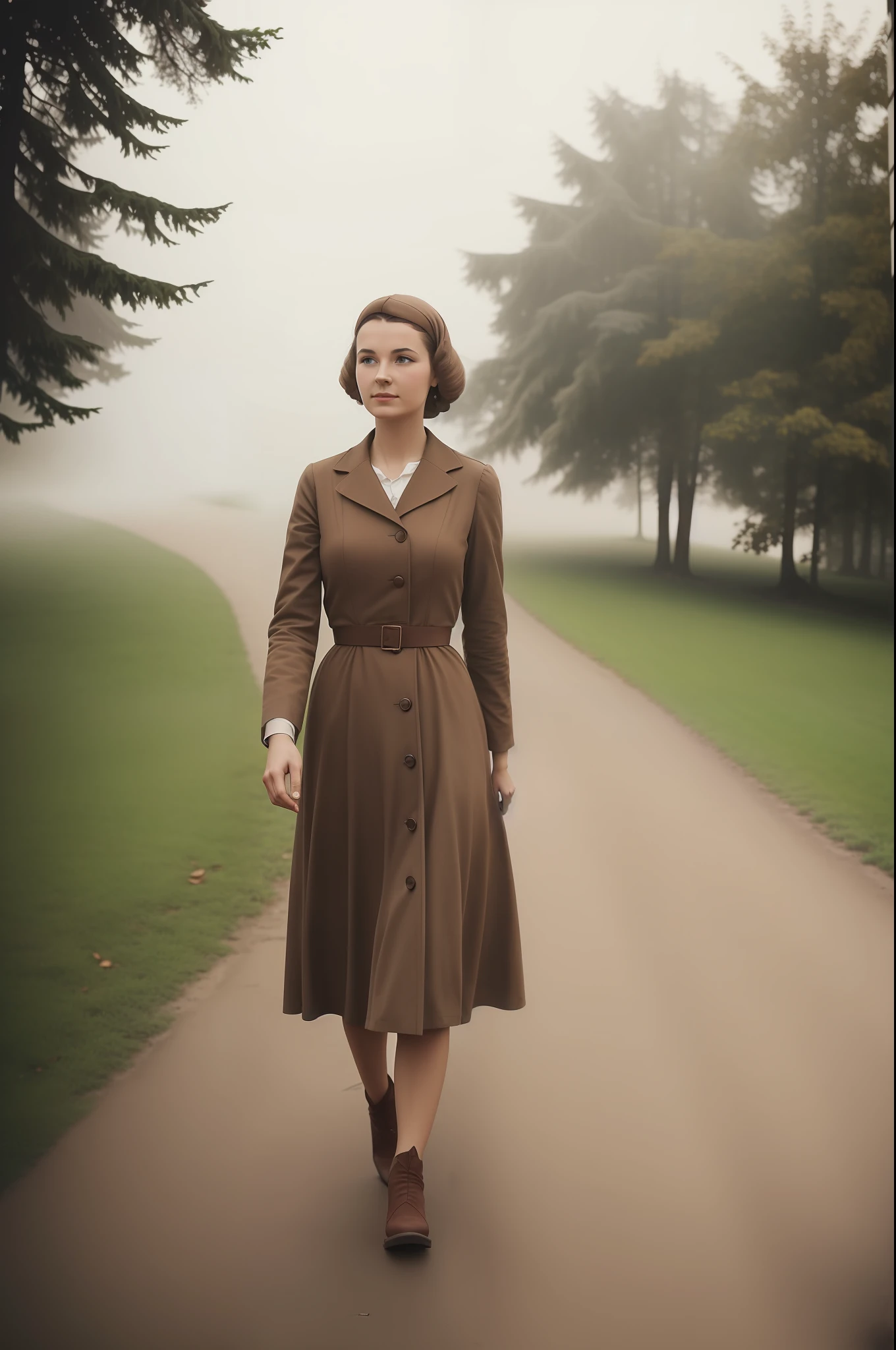misty atmosphere, russian woman in light brown dress, woman walking, 1950s, post-war era,