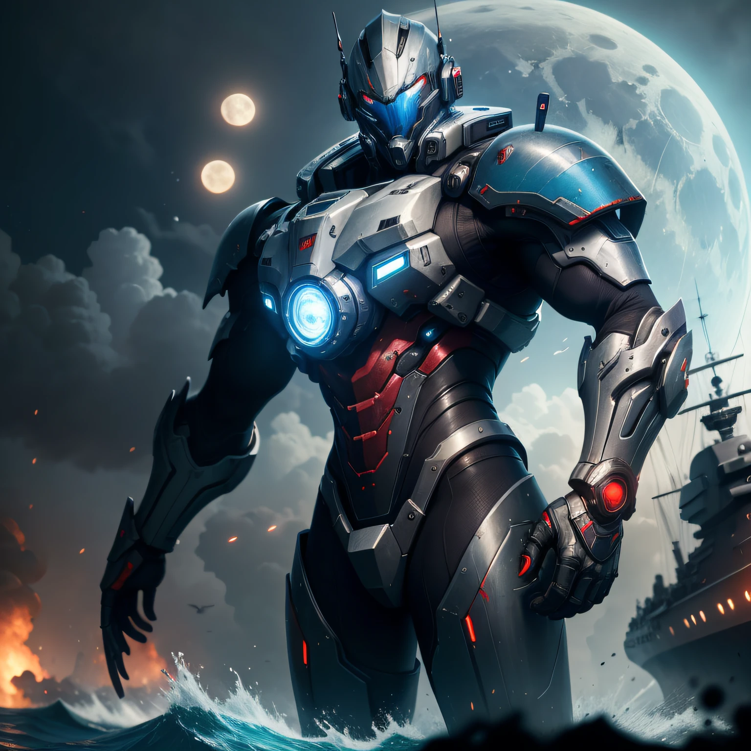 Ocean space, Hammer 40,000, world at war, Handsome cyberpunk man in mech chef armor with a very detailed aura, Mecha Warframe, vivd colour, rot, blanche, blue, green, Metallic yellow, Rusty, Using the, bloodstained, Sky with clouds,Full moon and battleships, full bodyesbian,Detailed armor, bloody battlefield,