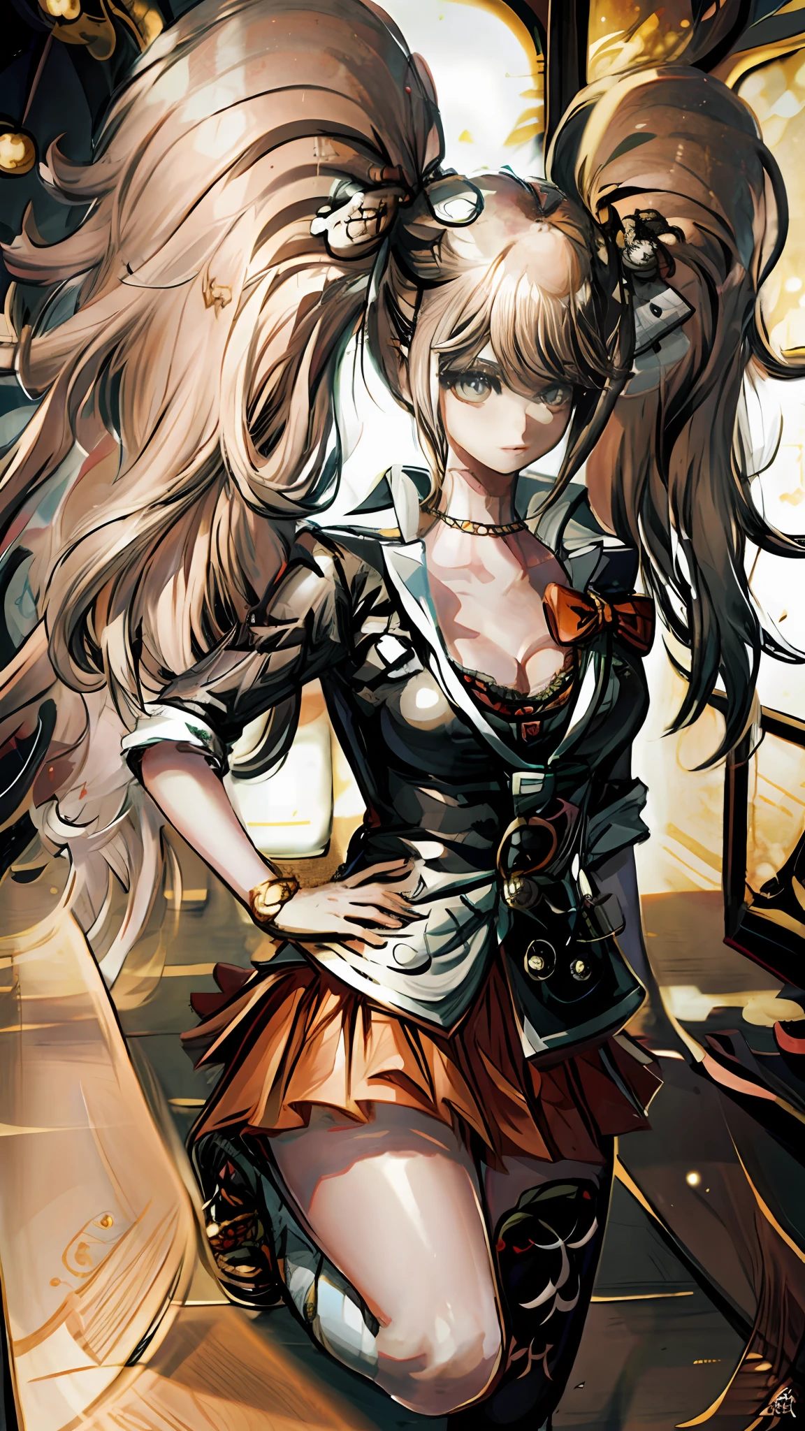 Junko Enoshima, Masterpiece, best quality, very detailed CG, complex details: 1.2, anime girl in the room, with a large round mirror, full body fairy, beautiful fantasy queen, katana zero video game character, Katshi Zero video game character from Genshin Impact, inspired by Japanese goddess Hongren, inspired by Ren Xiong, Onmyoji, full portrait of Elemental, Zhongli from Genshin Impact, anime goddess, Yunling